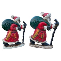 Vintage Pair Tall Hand Painted Santa Sculptures with Gift Sack