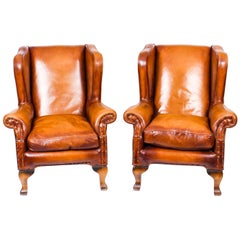 Vintage Pair of Tan Leather Chesterfield Wingback Armchairs, Late 20th Century