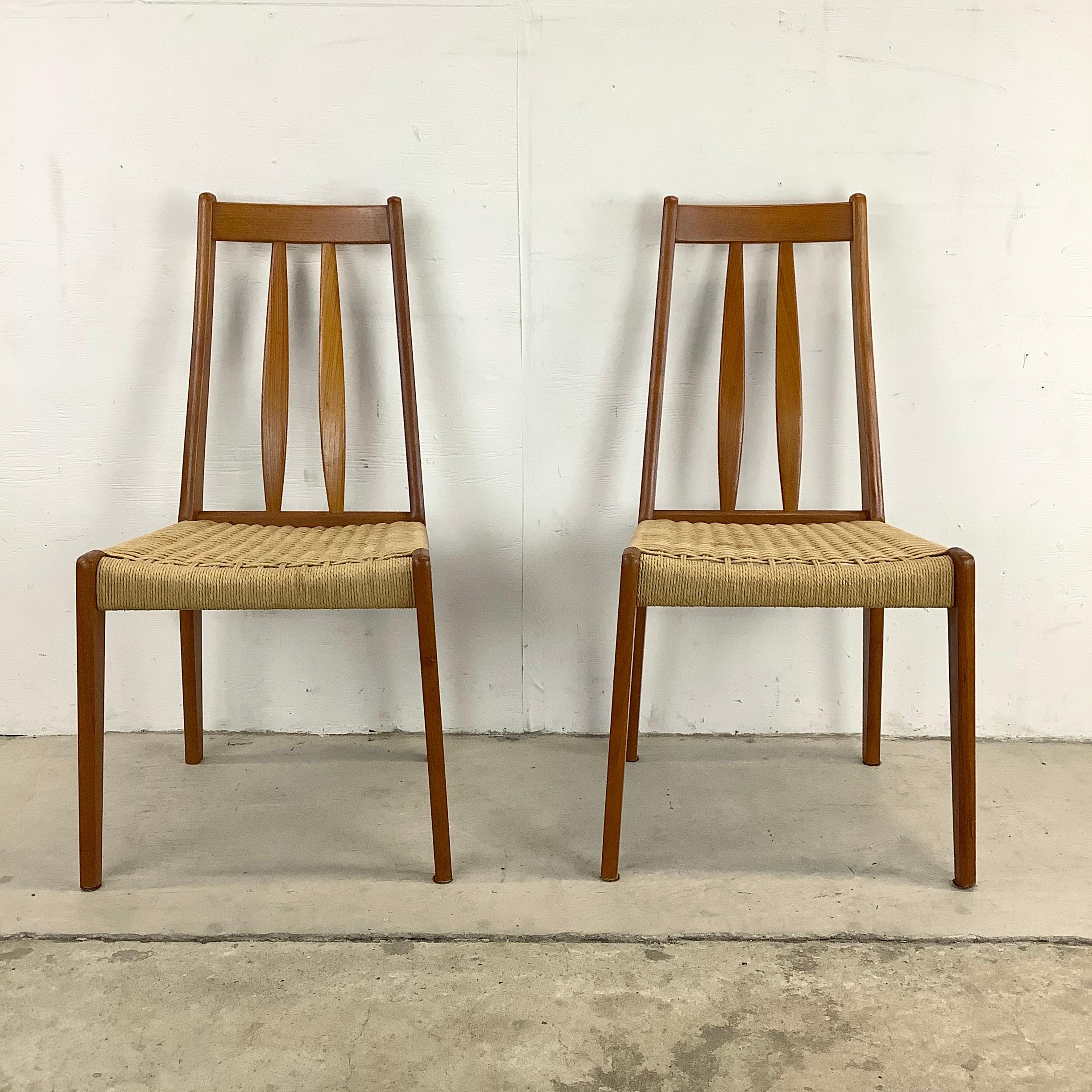 Scandinavian Modern Vintage Pair Teak Rope Seat Accent Chairs