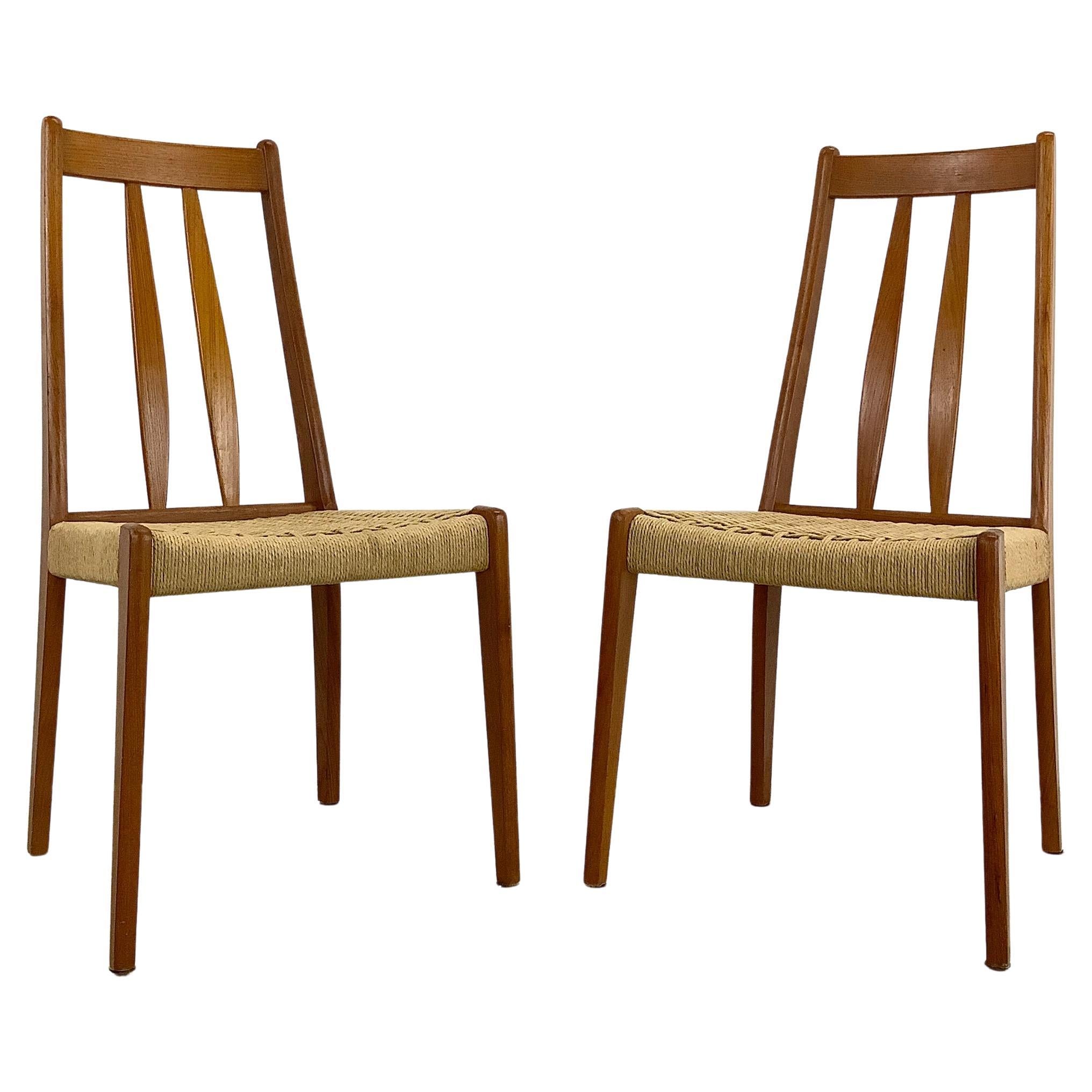 Vintage Pair Teak Rope Seat Accent Chairs