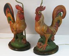 Vintage Pair Terracotta Painted Rooster Lamps