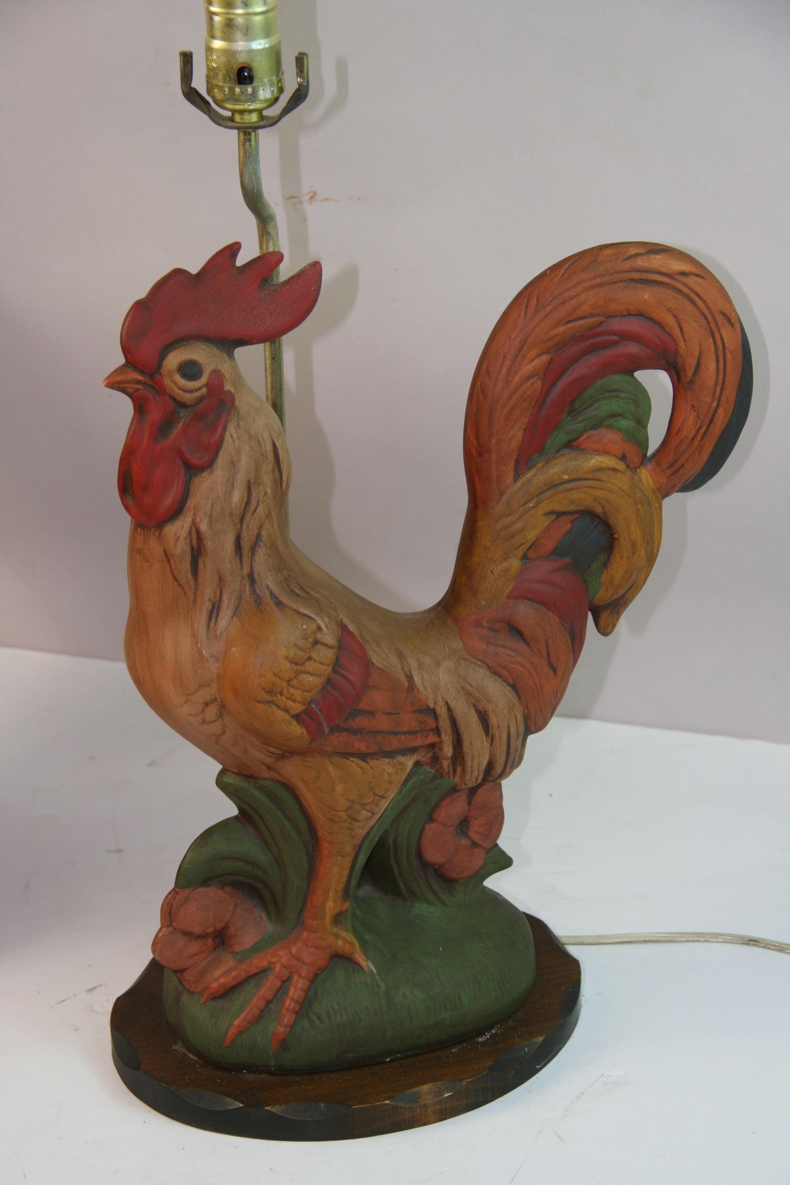 Vintage Pair Terracotta Painted Rooster Lamps In Good Condition For Sale In Douglas Manor, NY