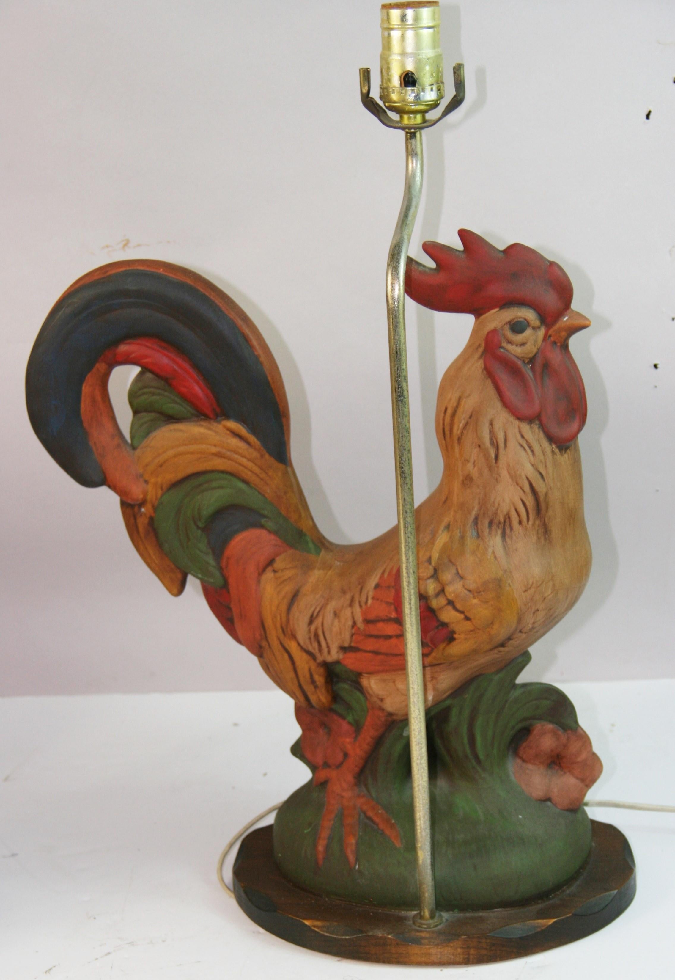 Vintage Pair Terracotta Painted Rooster Lamps For Sale 3