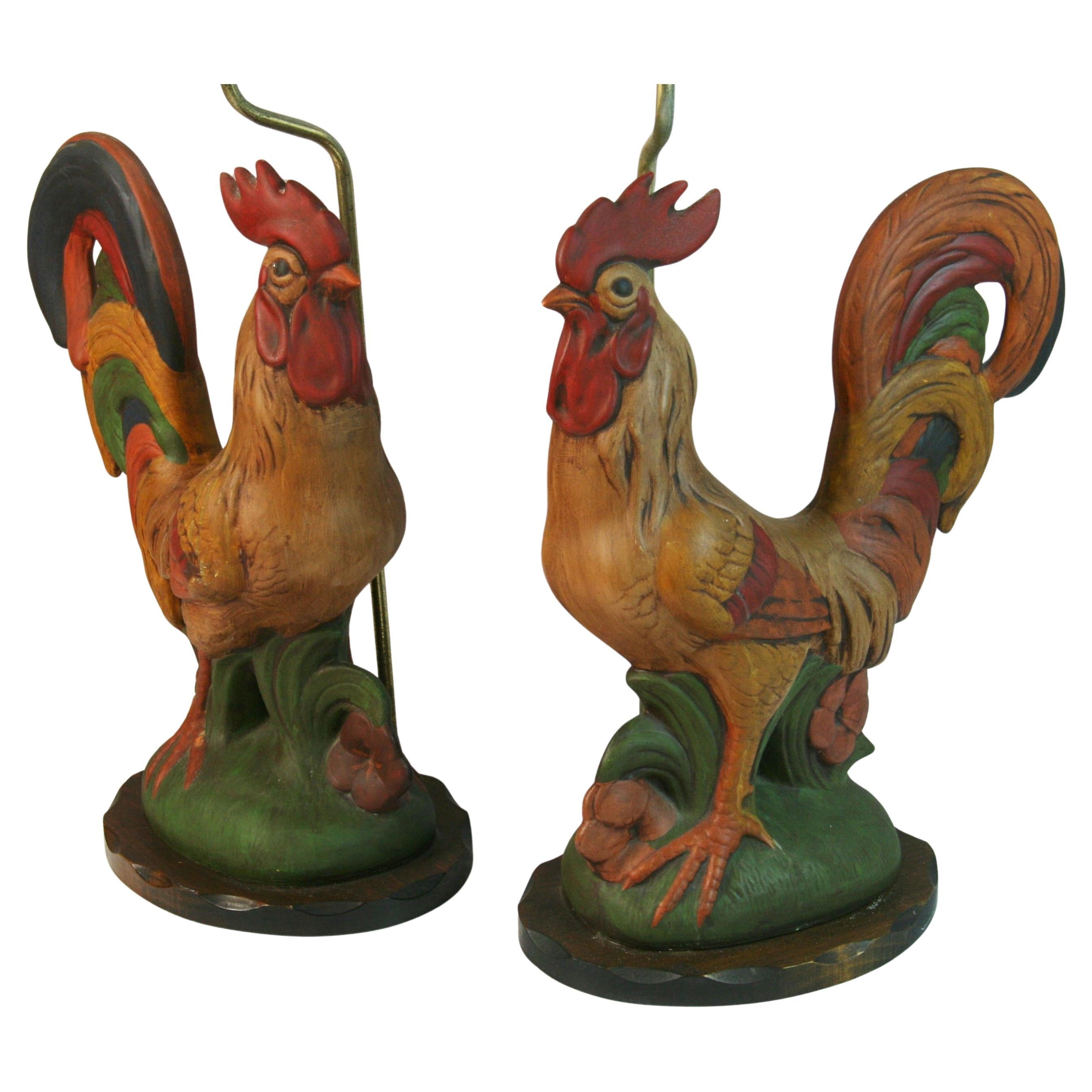 Vintage Pair Terracotta Painted Rooster Lamps For Sale