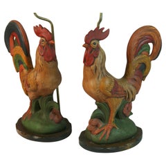 Vintage Pair Terracotta Painted Rooster Lamps