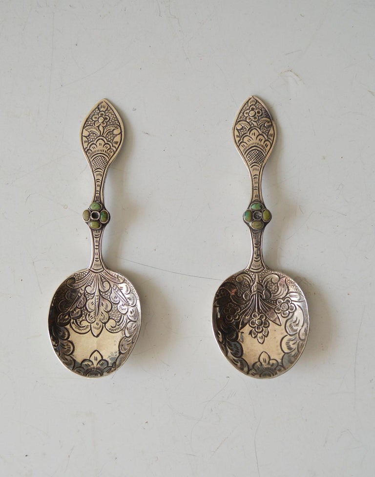 Vintage Pair Tibetan Silver Tea Spoons For Sale at 1stDibs