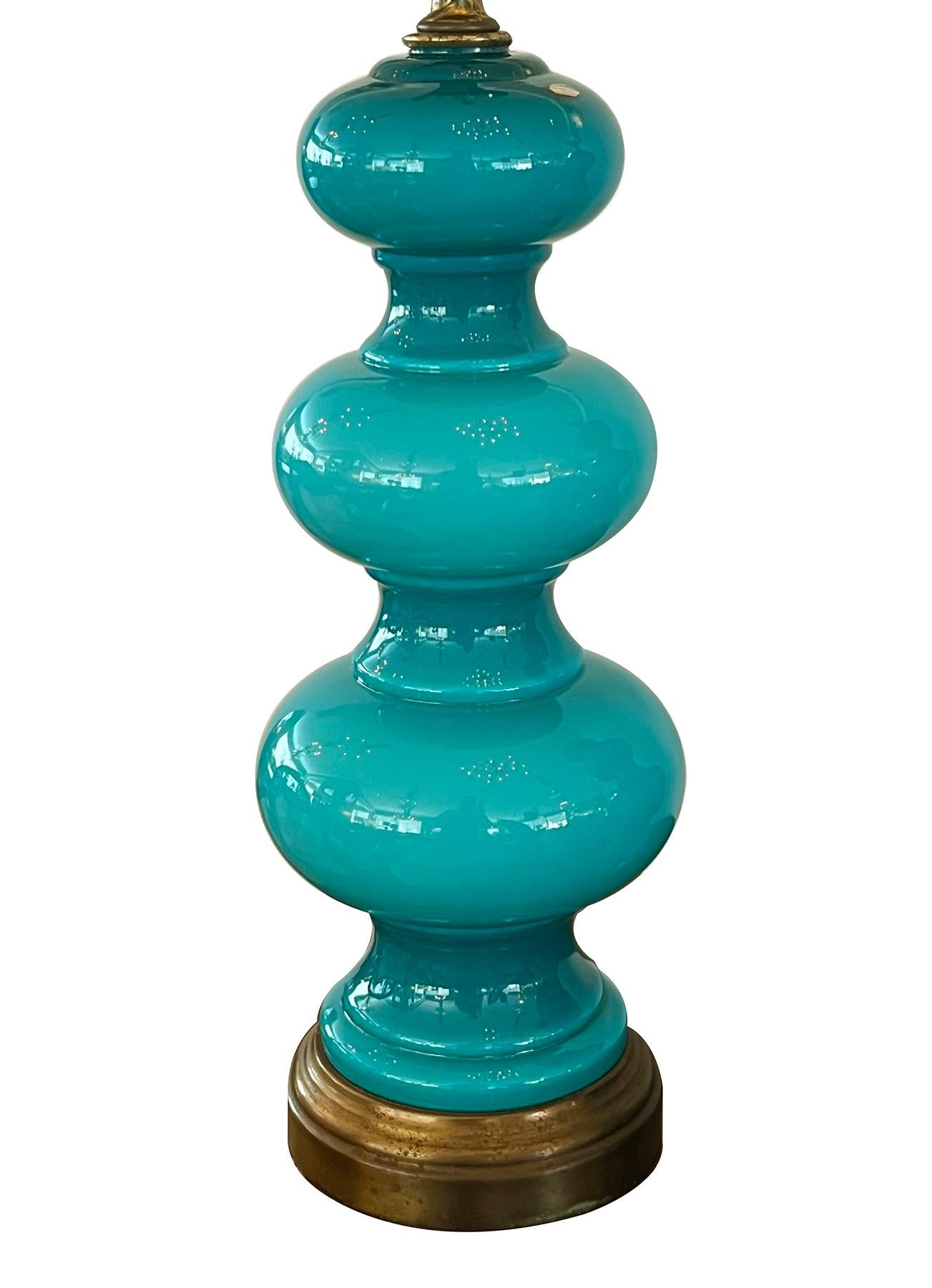 Modern Vintage Pair Triple-Gourd Teal Cased-Glass Lamps For Sale