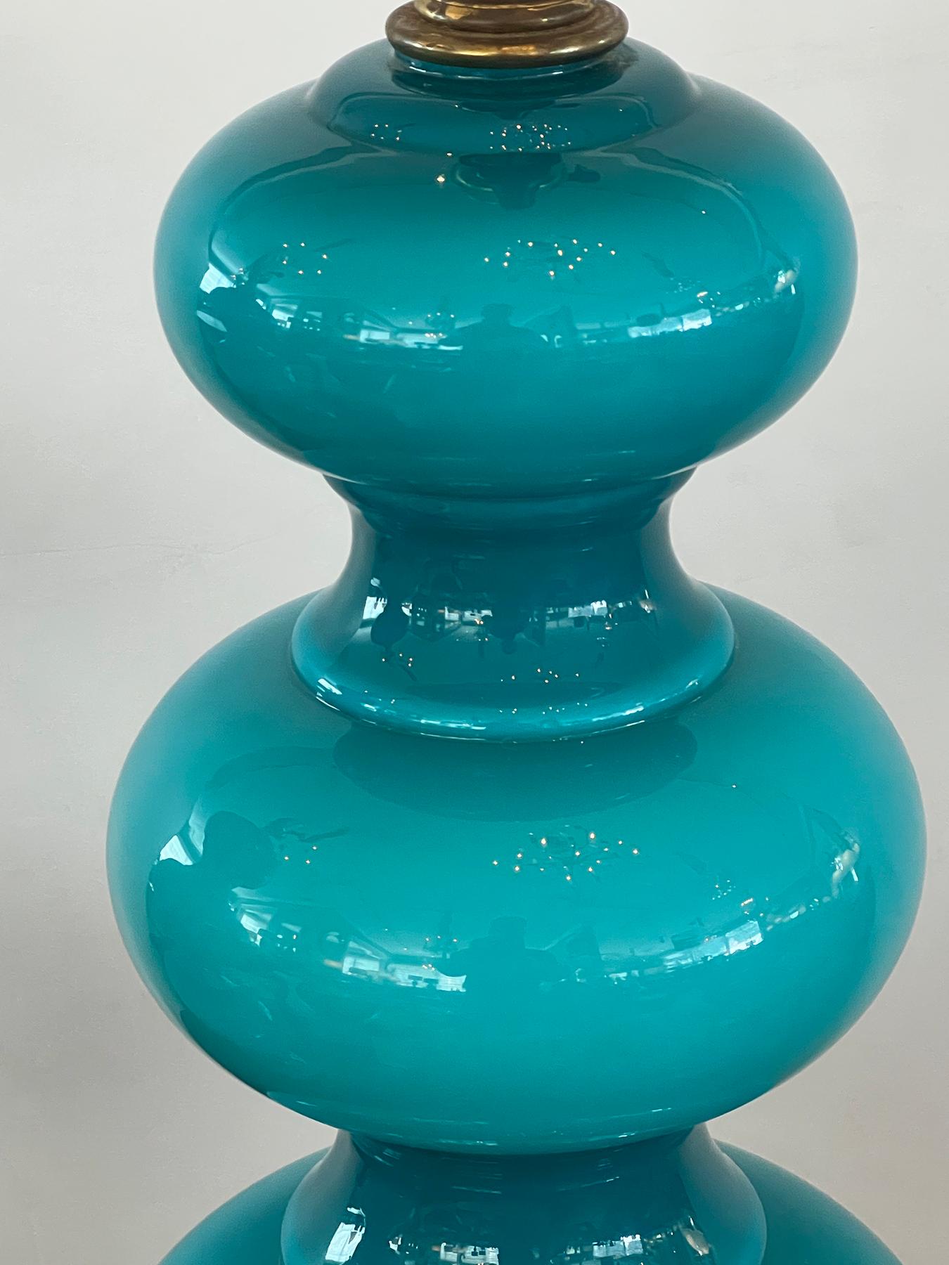 American Vintage Pair Triple-Gourd Teal Cased-Glass Lamps For Sale