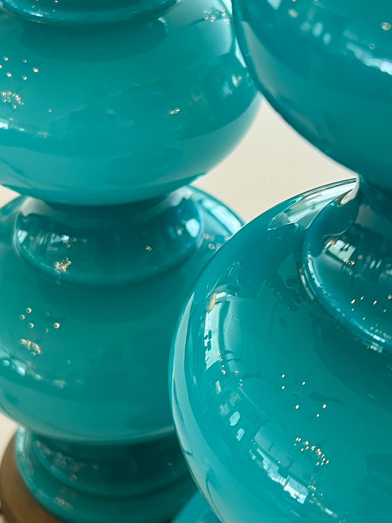 Mid-20th Century Vintage Pair Triple-Gourd Teal Cased-Glass Lamps For Sale