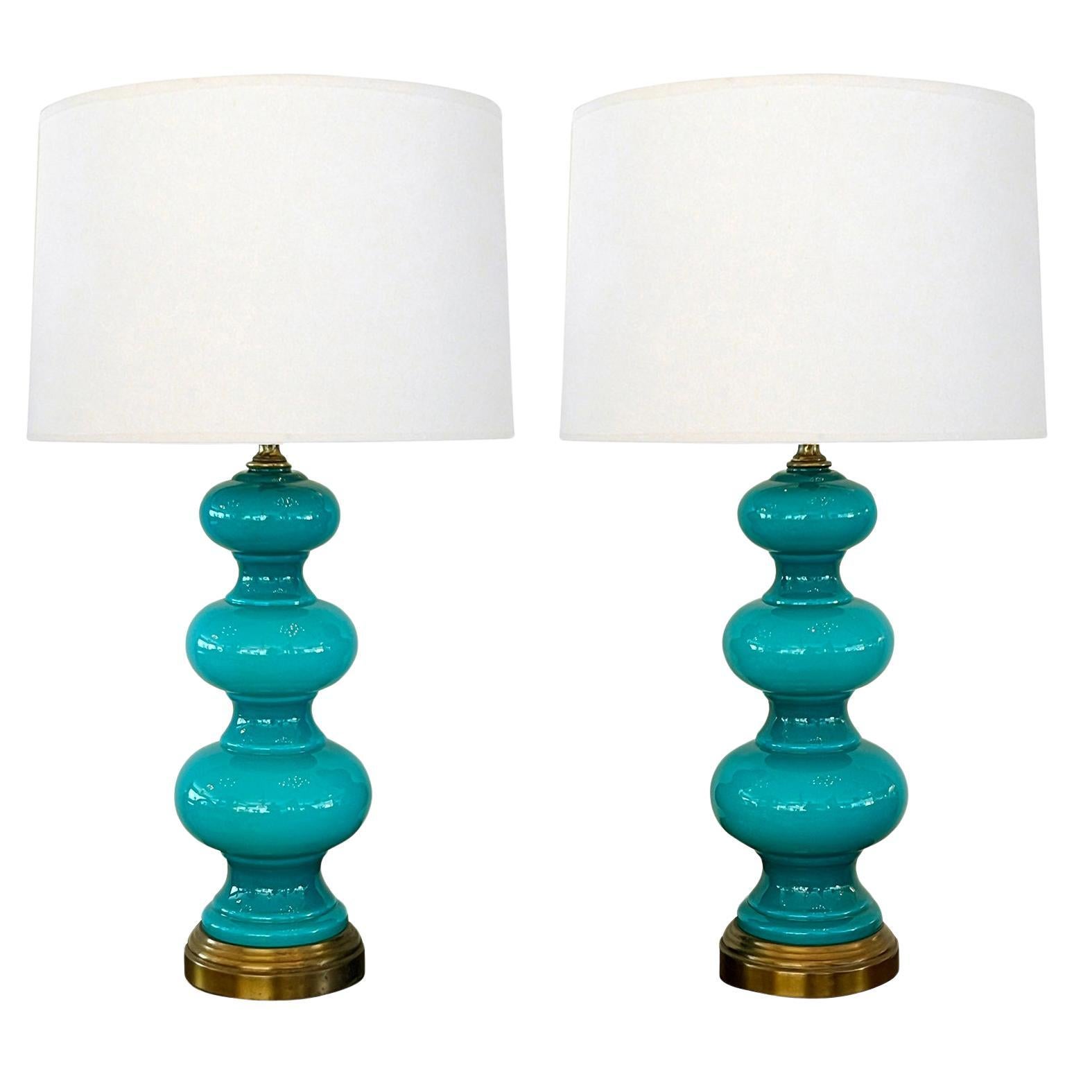 Vintage Pair Triple-Gourd Teal Cased-Glass Lamps For Sale