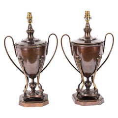 Vintage Pair Twin Handled Bronze Classical Urn Lamps 20th Century