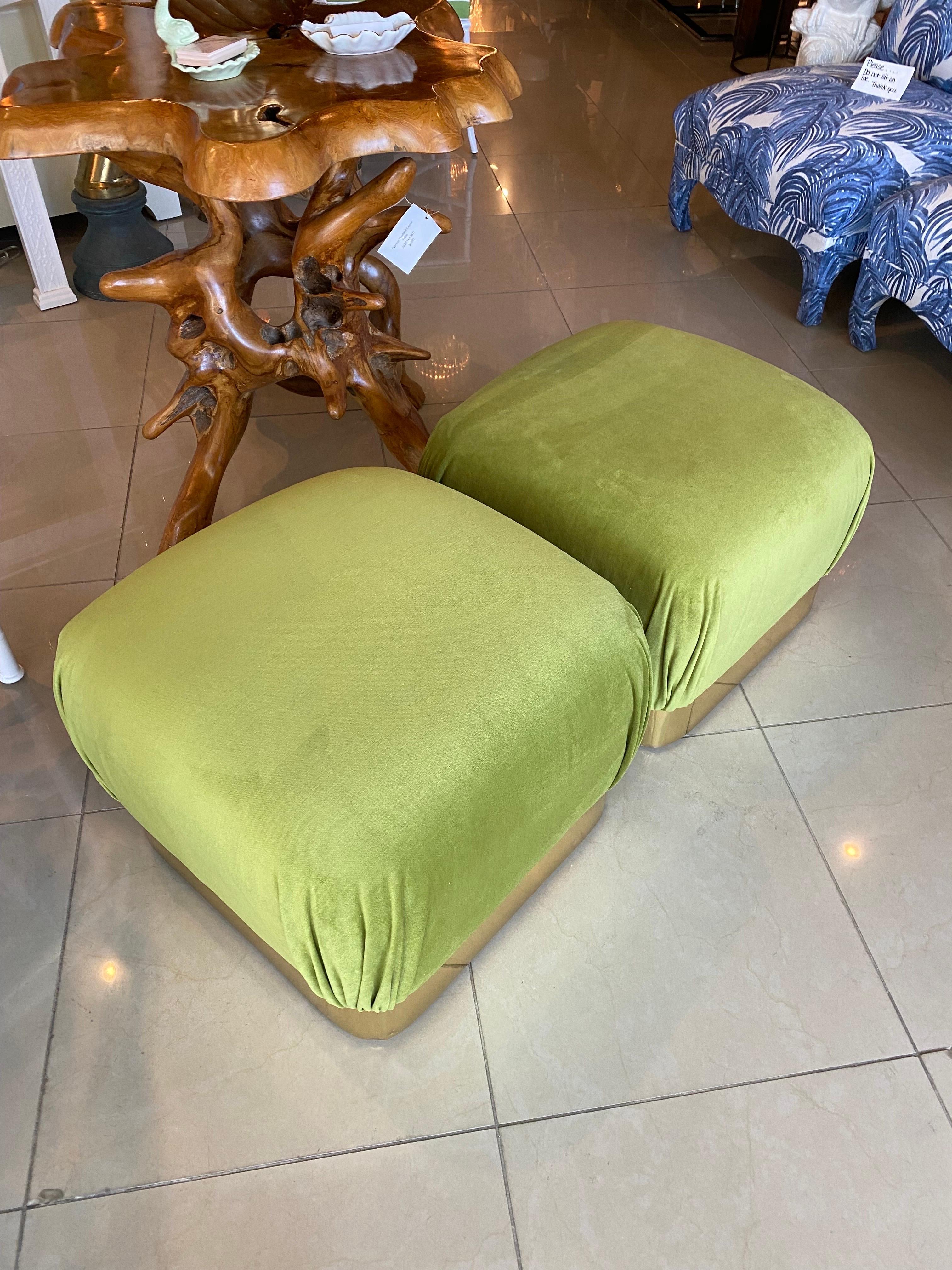 Vintage Pair Upholstered Green Velvet Brass Benches Poufs Karl Springer Style For Sale 6