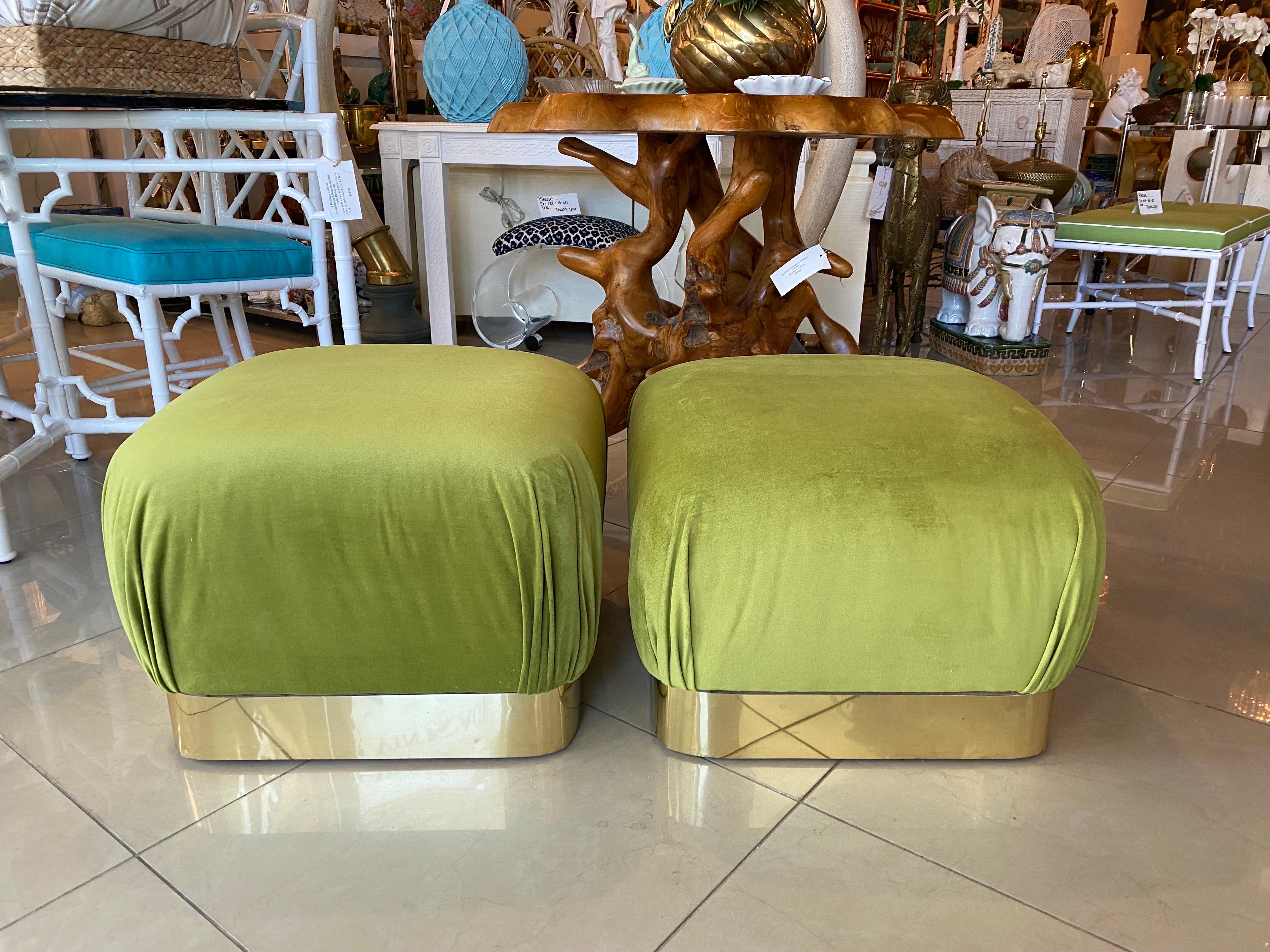Vintage Pair Upholstered Green Velvet Brass Benches Poufs Karl Springer Style For Sale 7