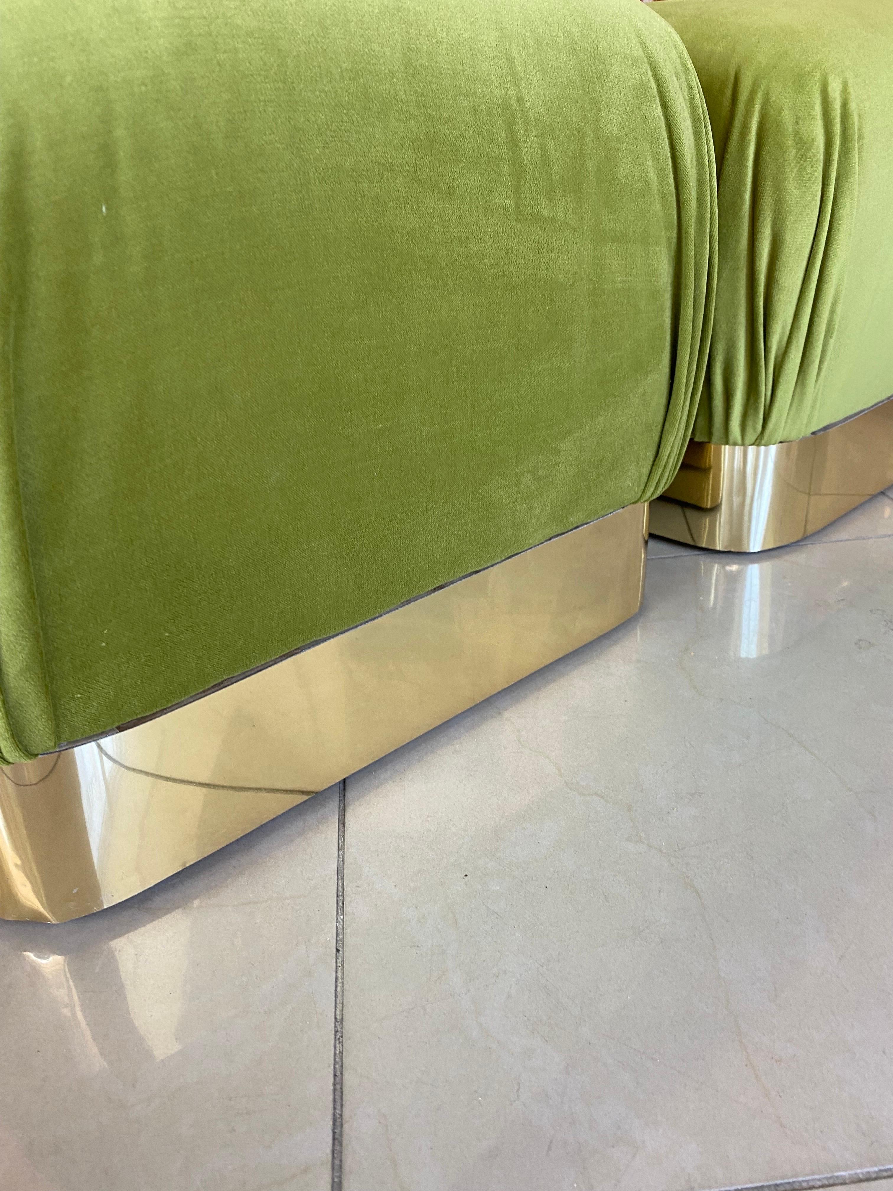 Late 20th Century Vintage Pair Upholstered Green Velvet Brass Benches Poufs Karl Springer Style For Sale