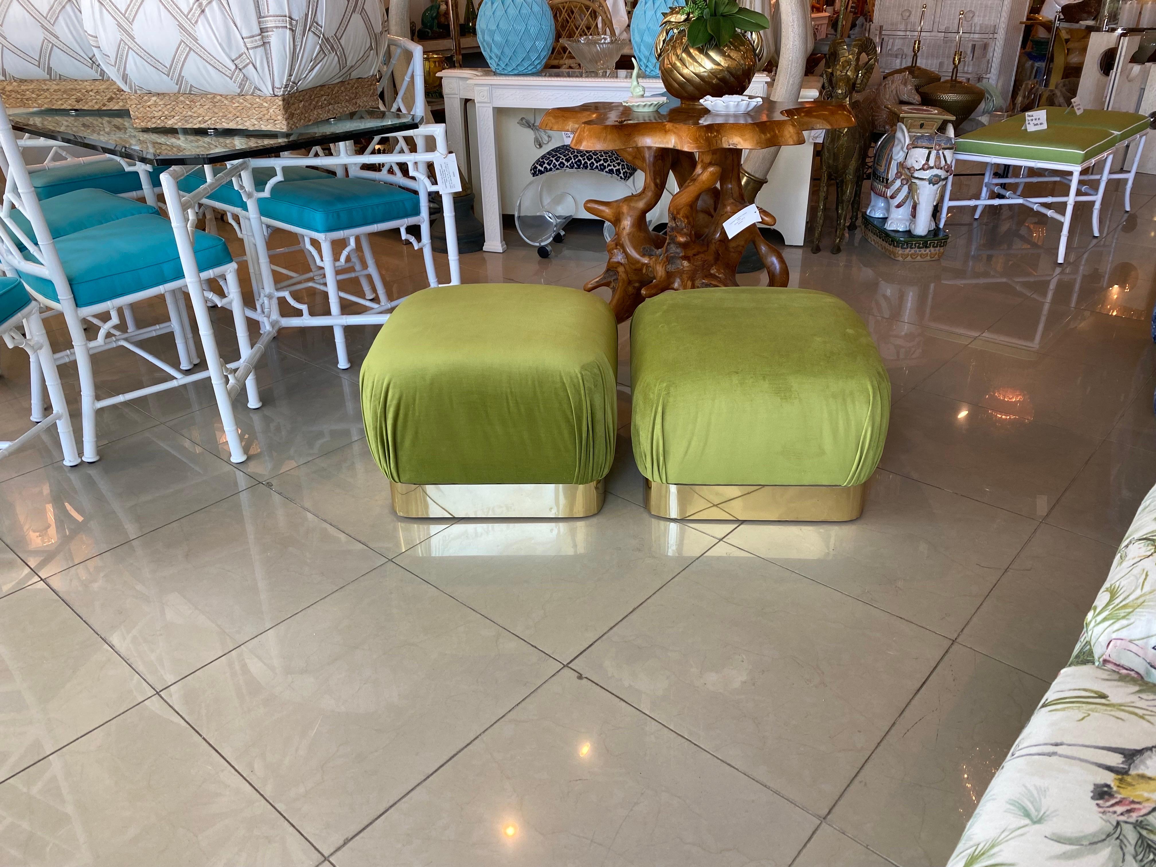 Vintage Pair Upholstered Green Velvet Brass Benches Poufs Karl Springer Style For Sale 1
