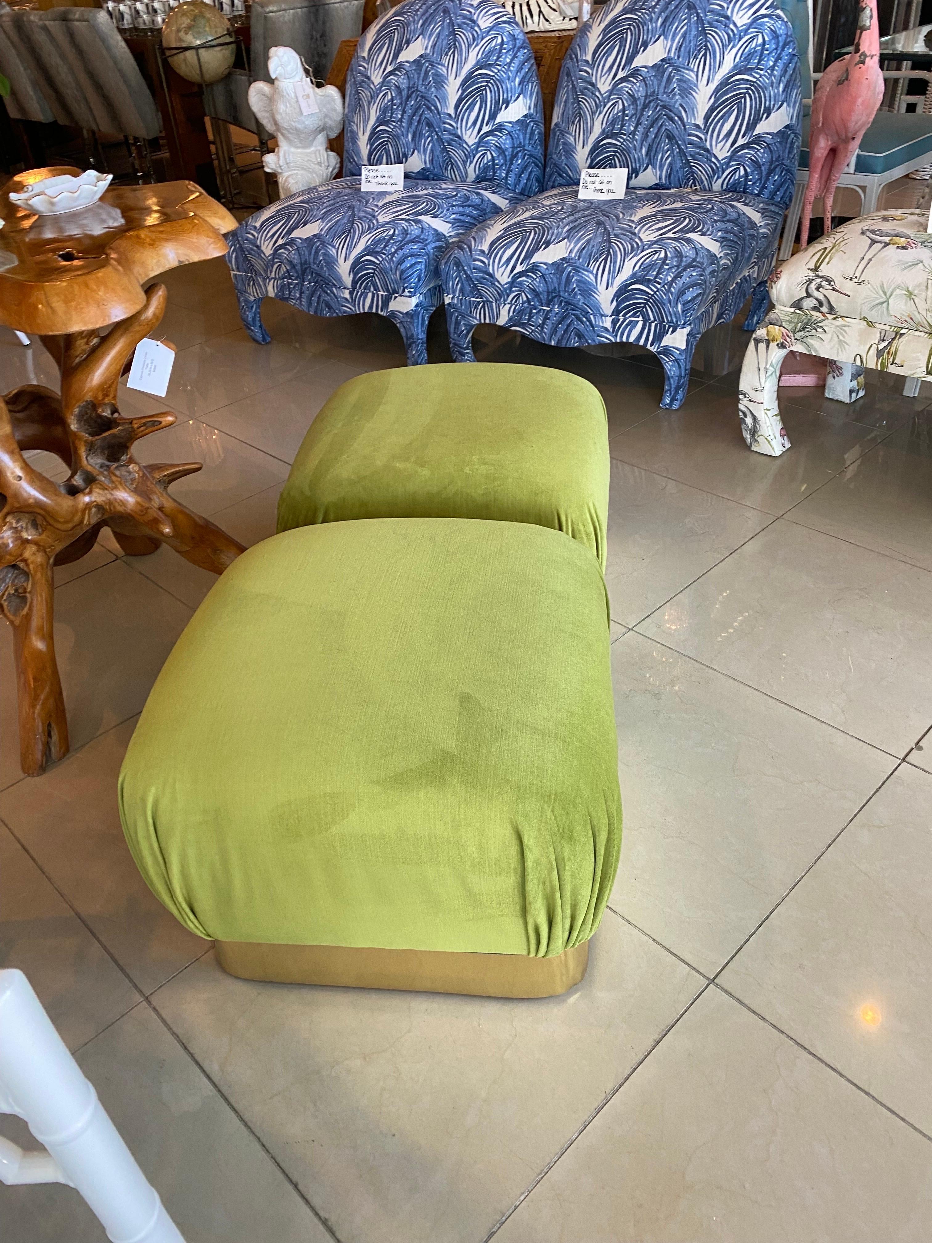 Vintage Pair Upholstered Green Velvet Brass Benches Poufs Karl Springer Style For Sale 3