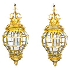 Vintage Pair  Versailles Gilt Bronze Diamond Baluster Lanterns 20th Century