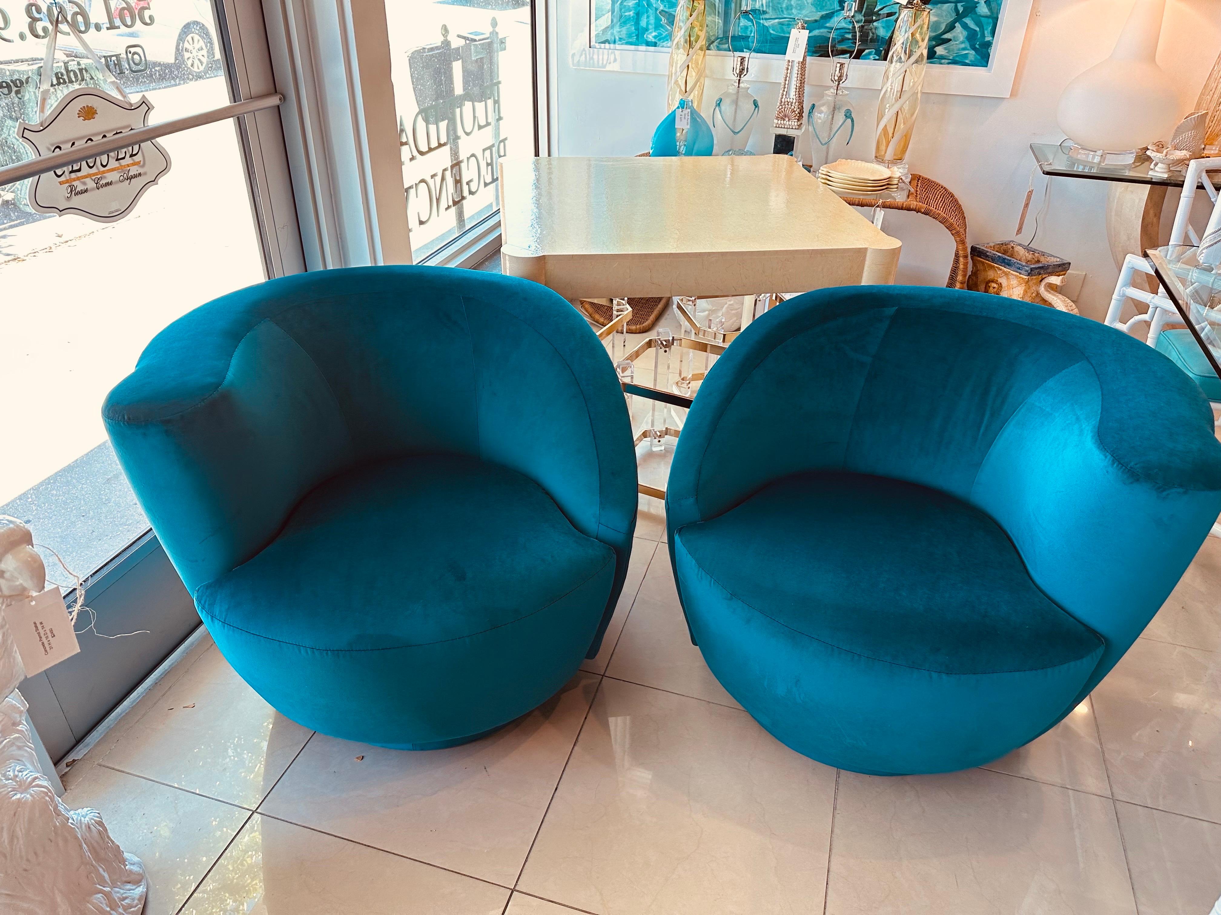 Vintage Pair Vladimir Kagan Nautilus Corkscrew Swivel Chairs New Blue Velvet 5