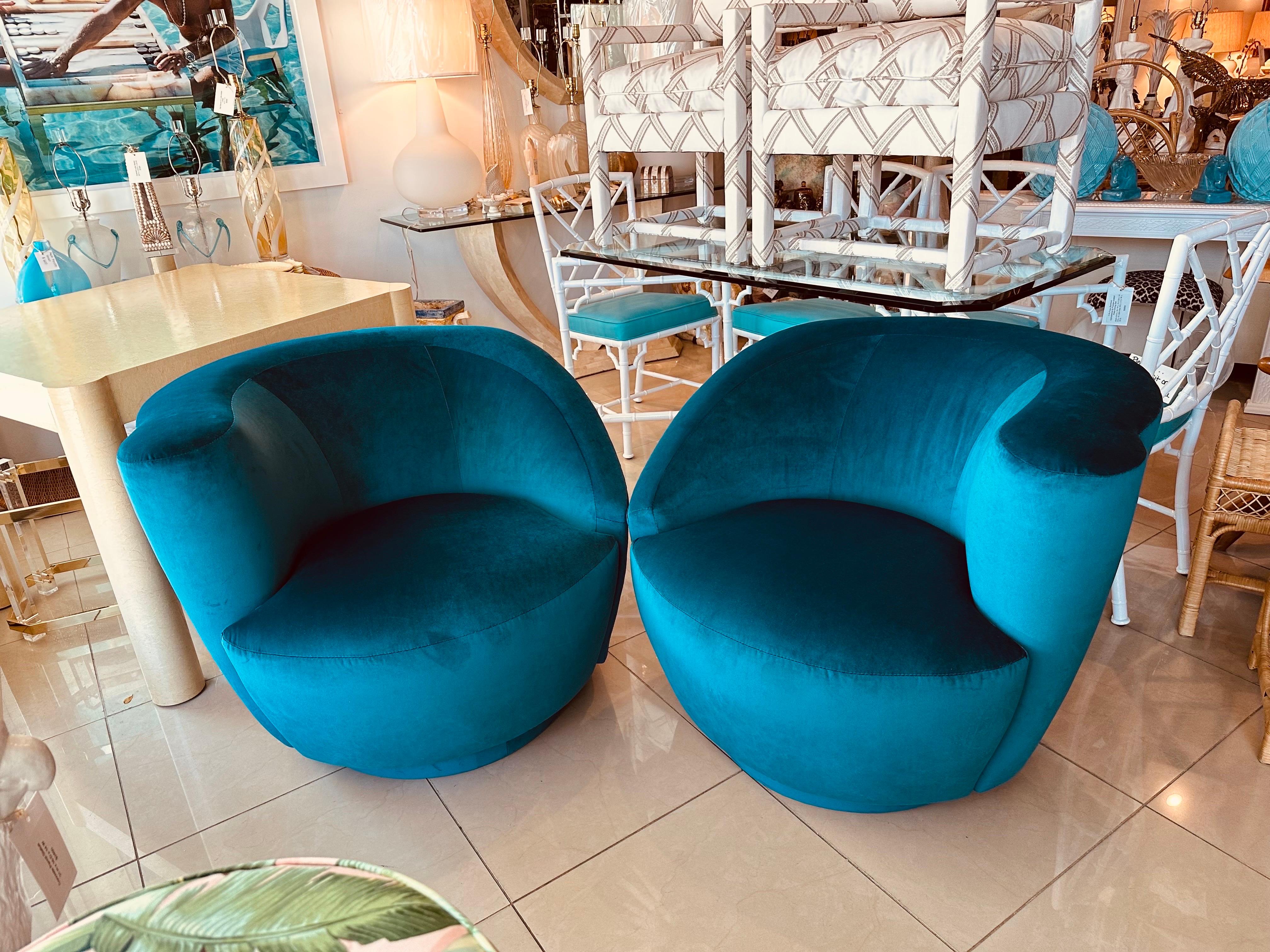 Vintage Pair Vladimir Kagan Nautilus Corkscrew Swivel Chairs New Blue Velvet 6
