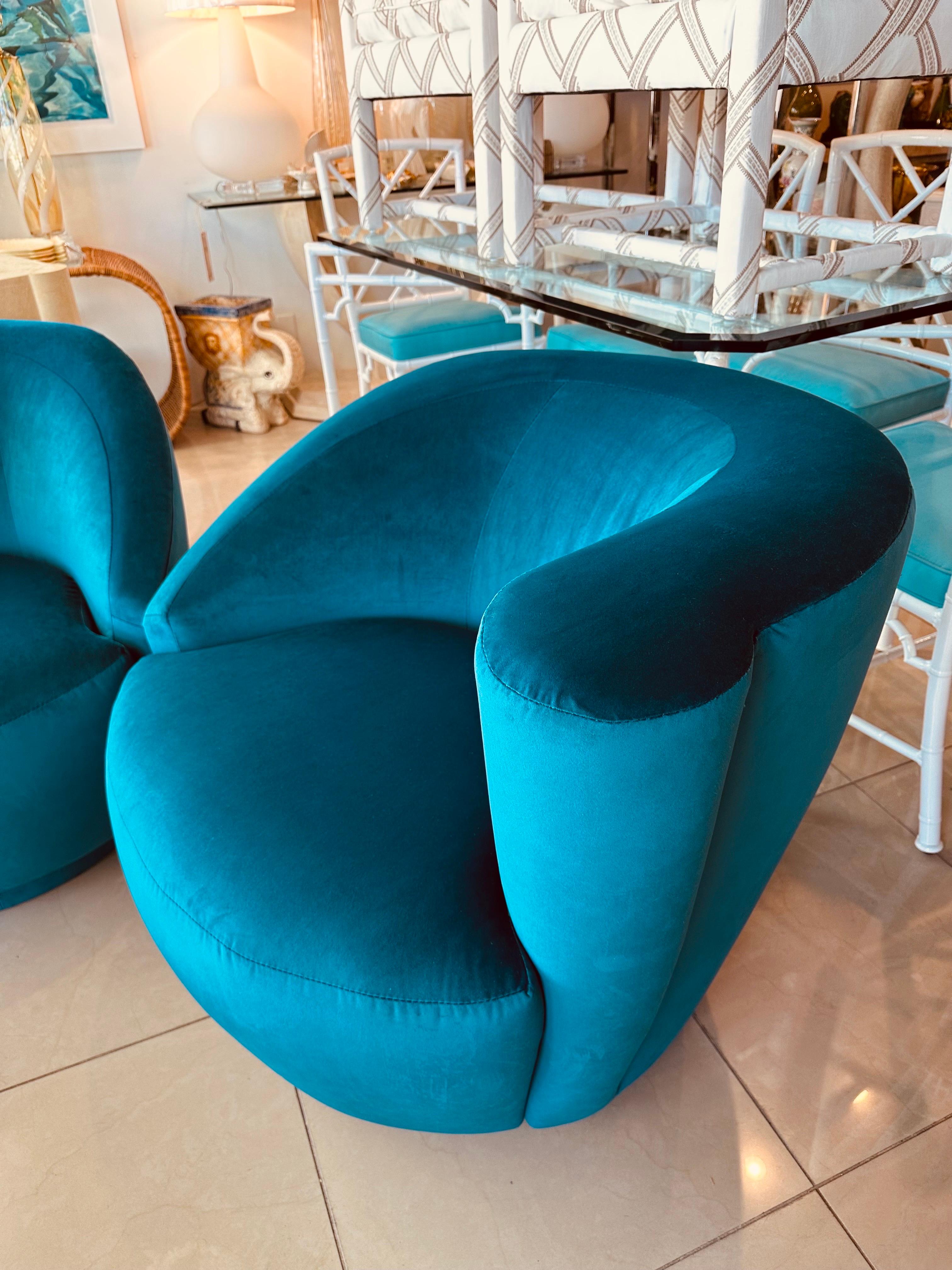 Vintage Pair Vladimir Kagan Nautilus Corkscrew Swivel Chairs New Blue Velvet 7