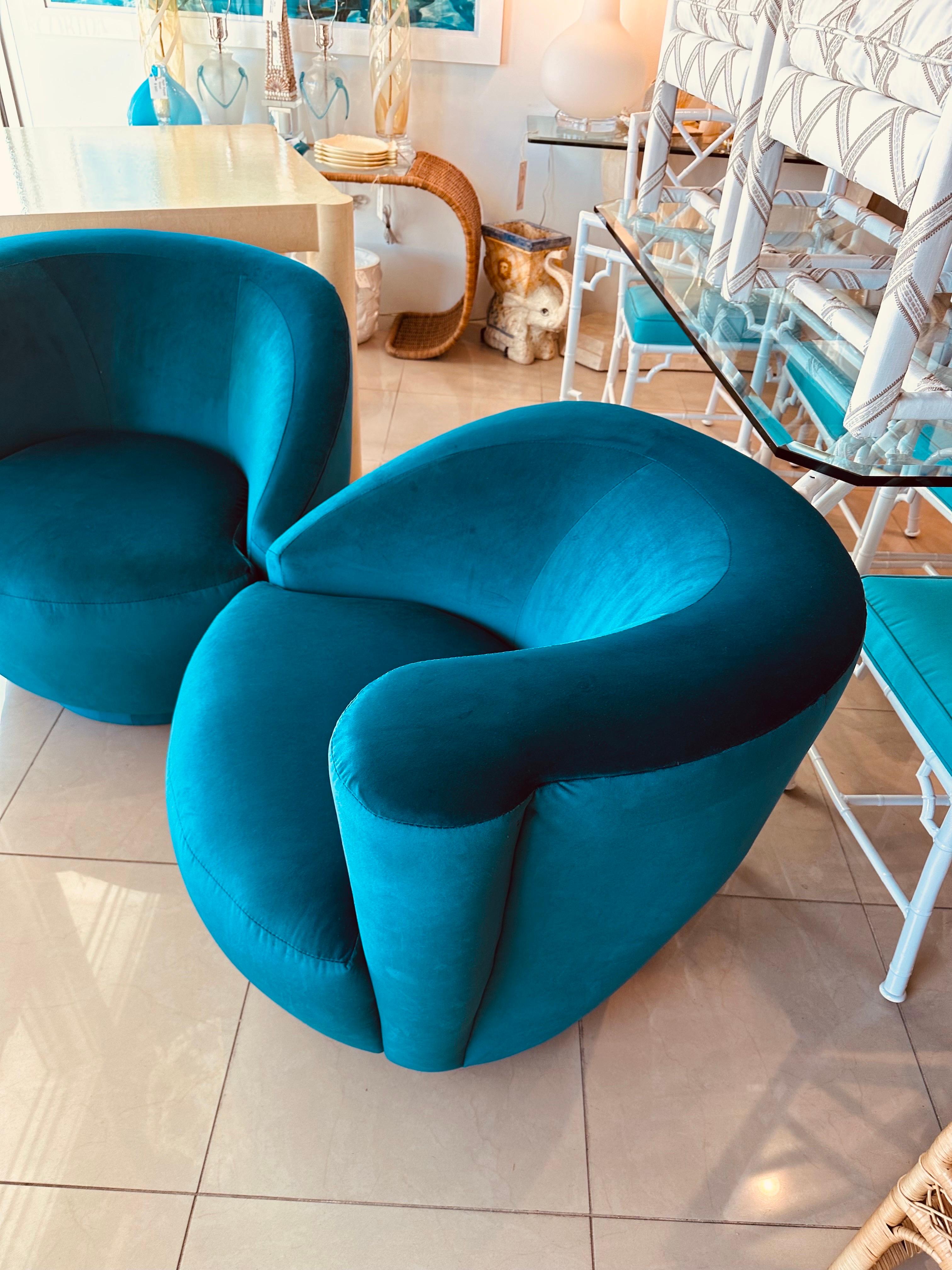 Vintage Pair Vladimir Kagan Nautilus Corkscrew Swivel Chairs New Blue Velvet 8