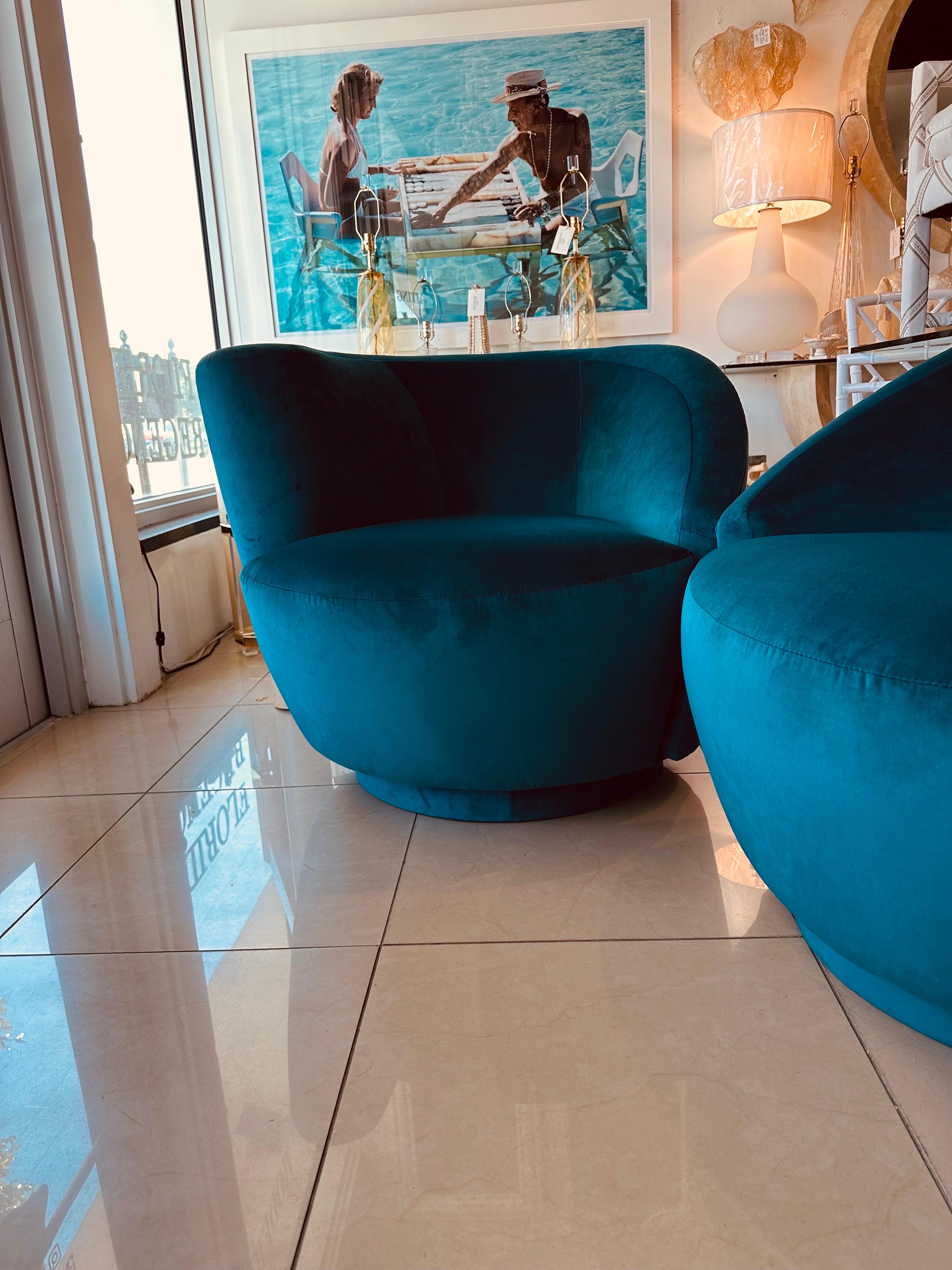 Vintage Pair Vladimir Kagan Nautilus Corkscrew Swivel Chairs New Blue Velvet 9