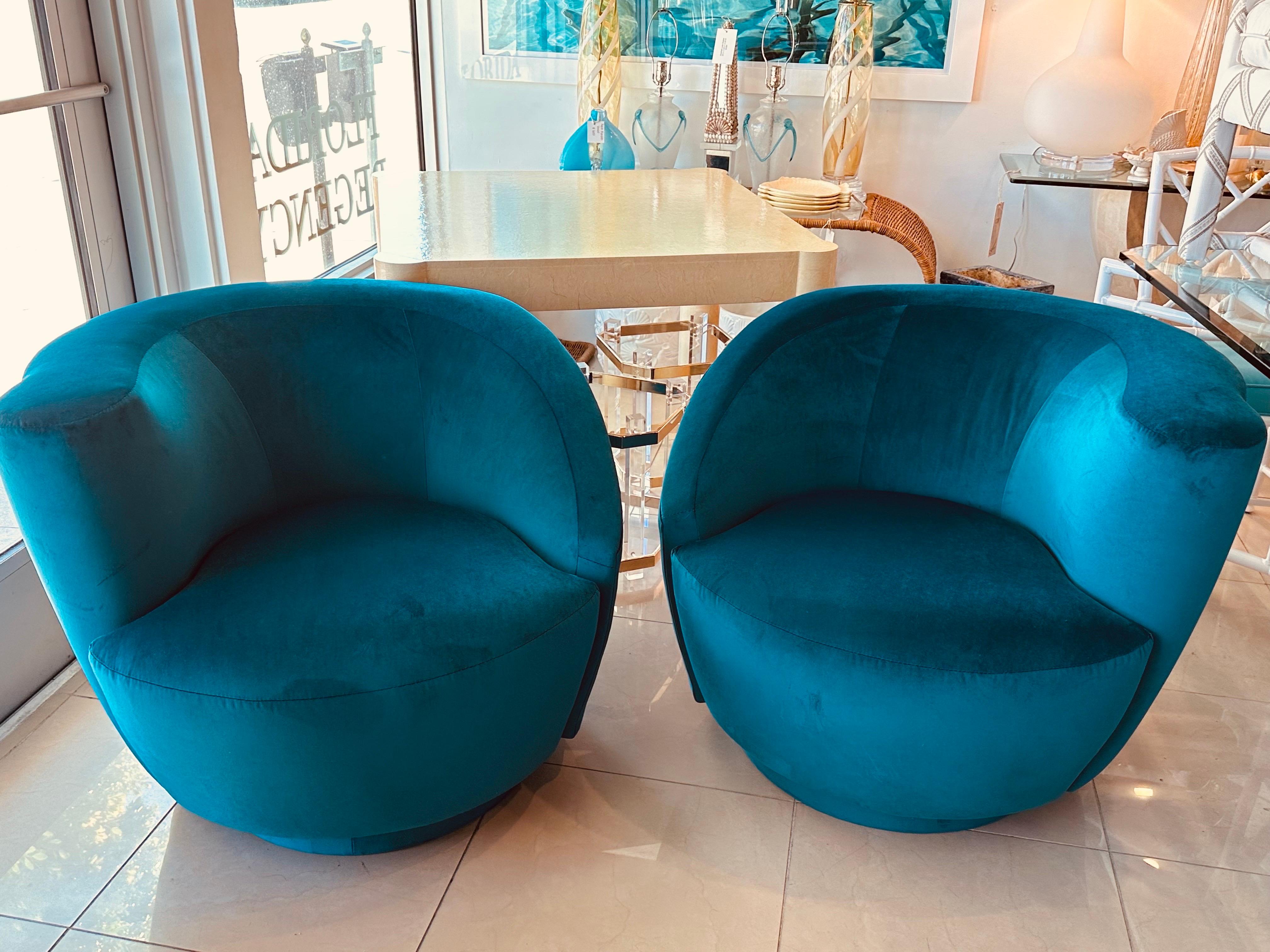 Vintage Pair Vladimir Kagan Nautilus Corkscrew Swivel Chairs New Blue Velvet 10