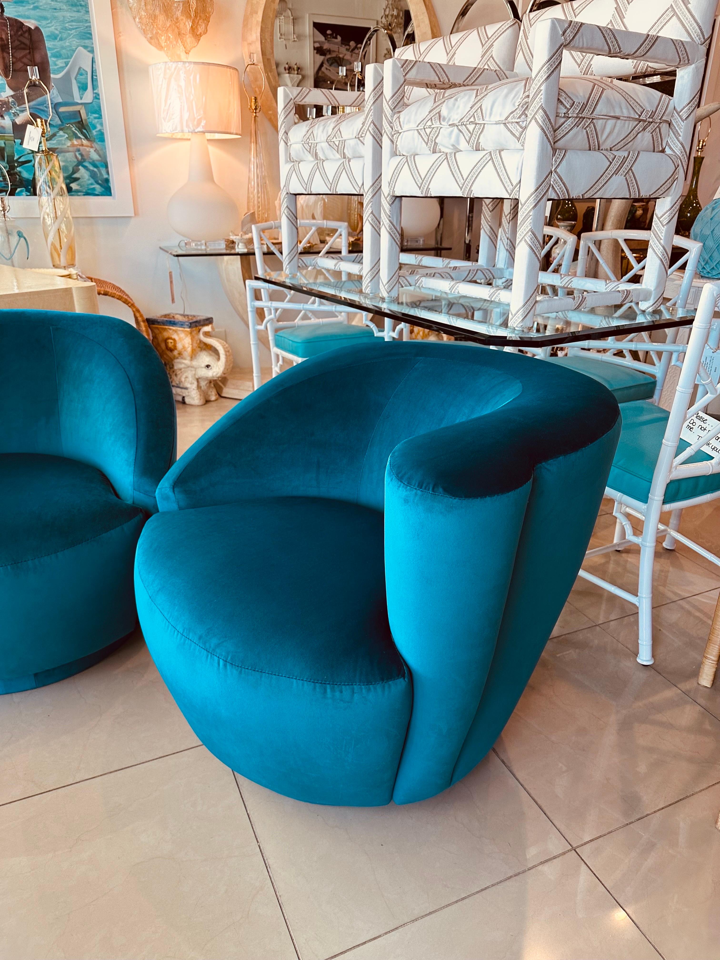 Vintage Pair Vladimir Kagan Nautilus Corkscrew Swivel Chairs New Blue Velvet 11