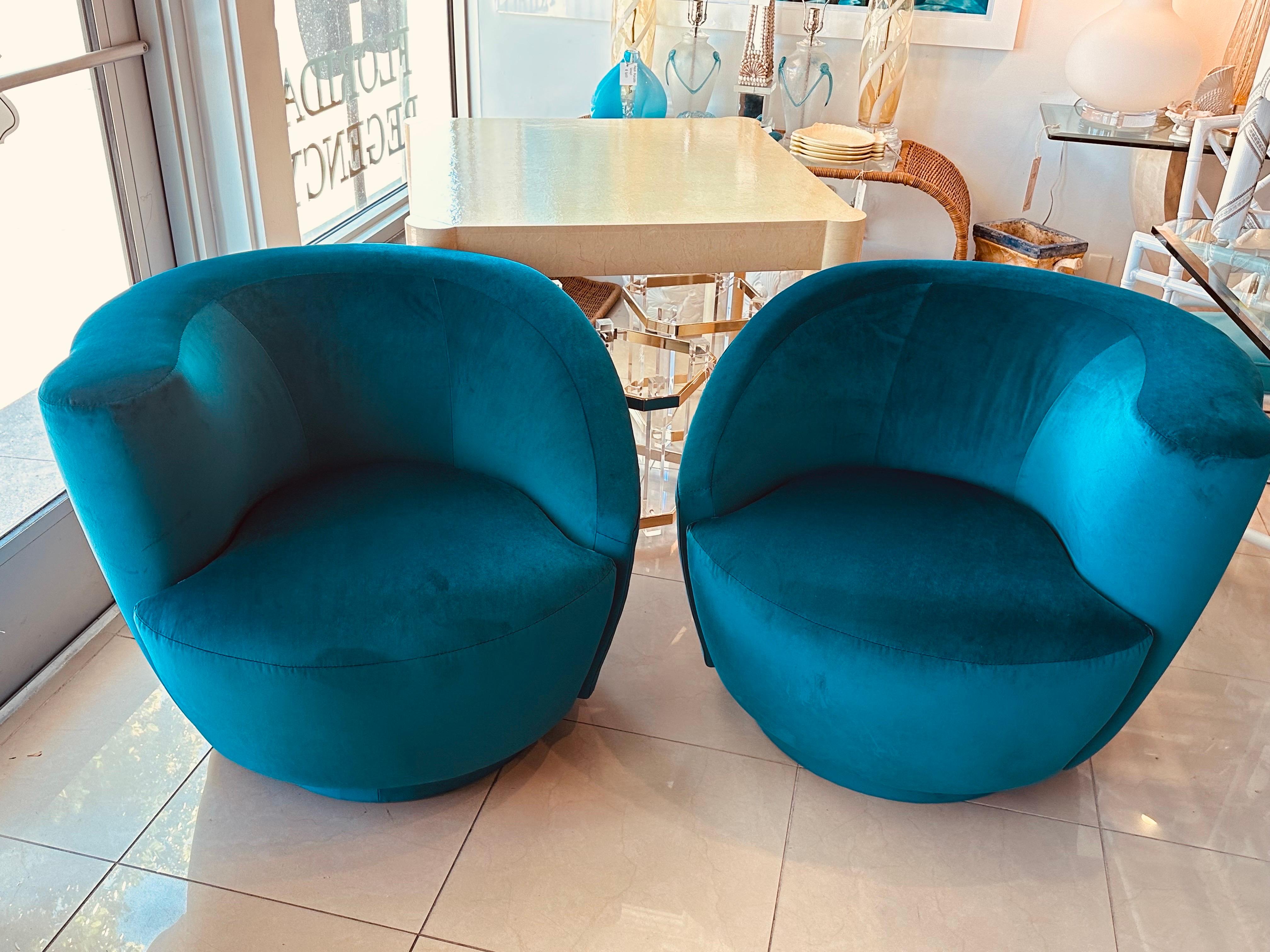 Vintage Pair Vladimir Kagan Nautilus Corkscrew Swivel Chairs New Blue Velvet 12