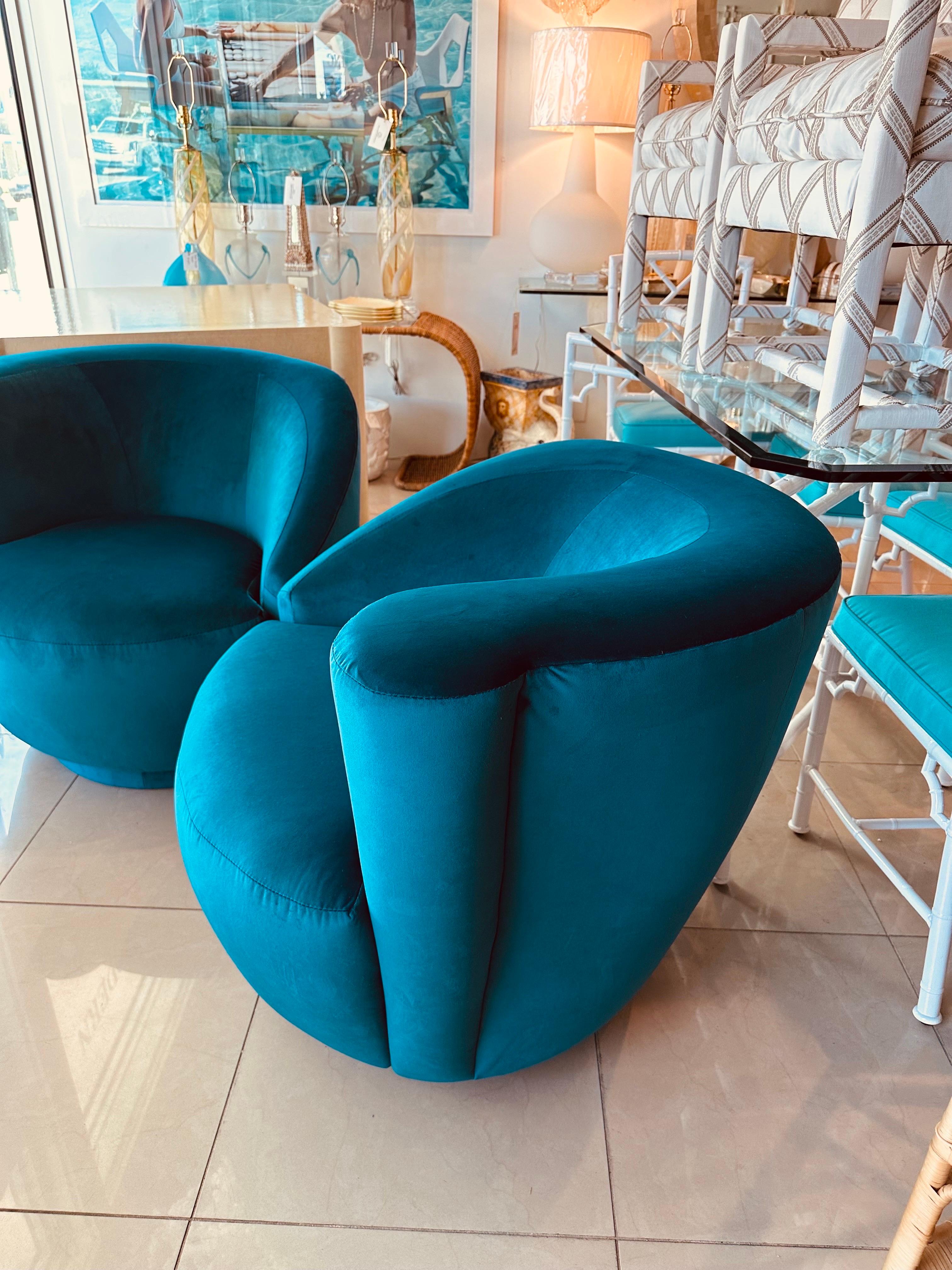 Vintage Pair Vladimir Kagan Nautilus Corkscrew Swivel Chairs New Blue Velvet 13