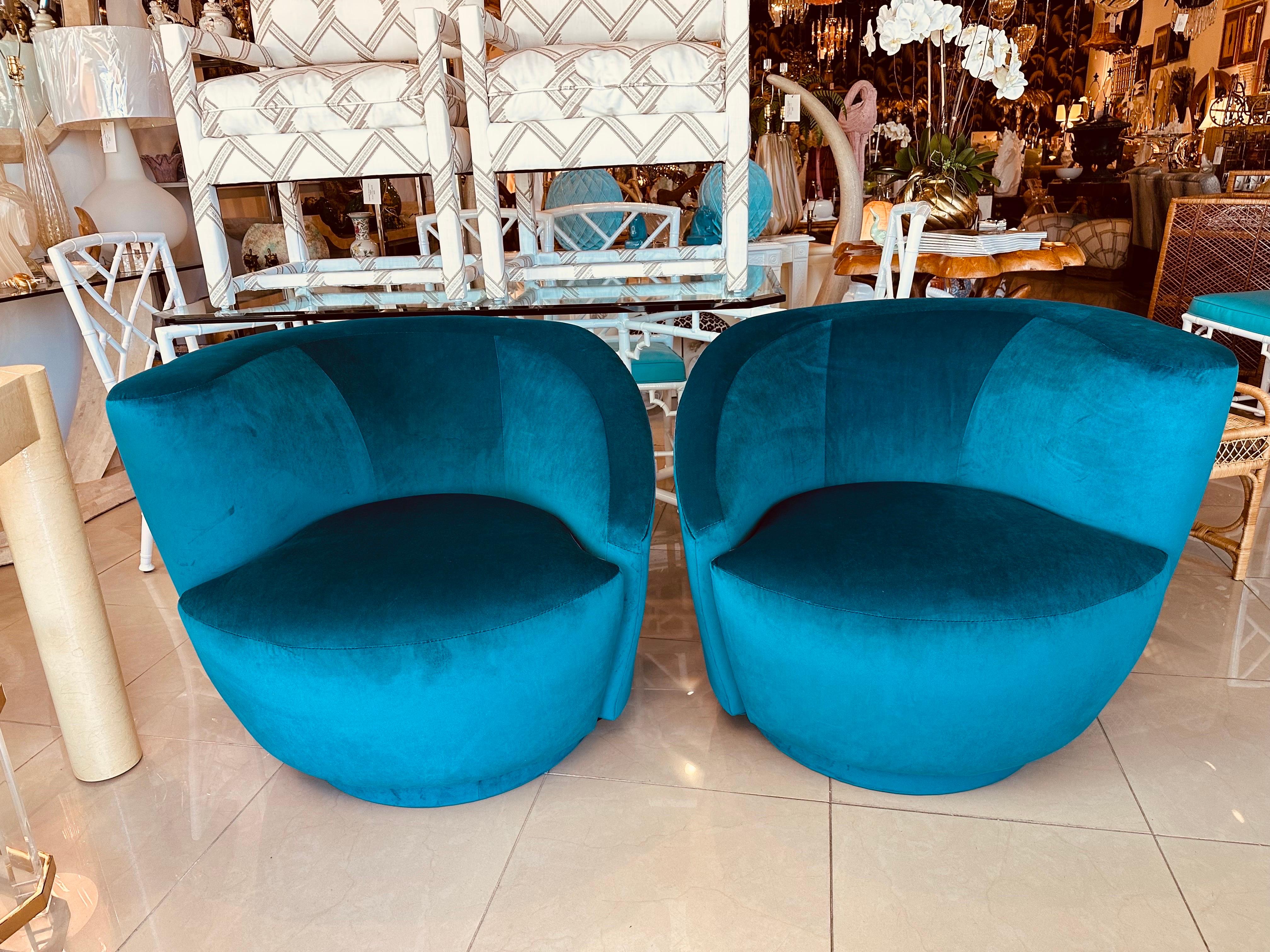 Vintage Pair Vladimir Kagan Nautilus Corkscrew Swivel Chairs New Blue Velvet 14