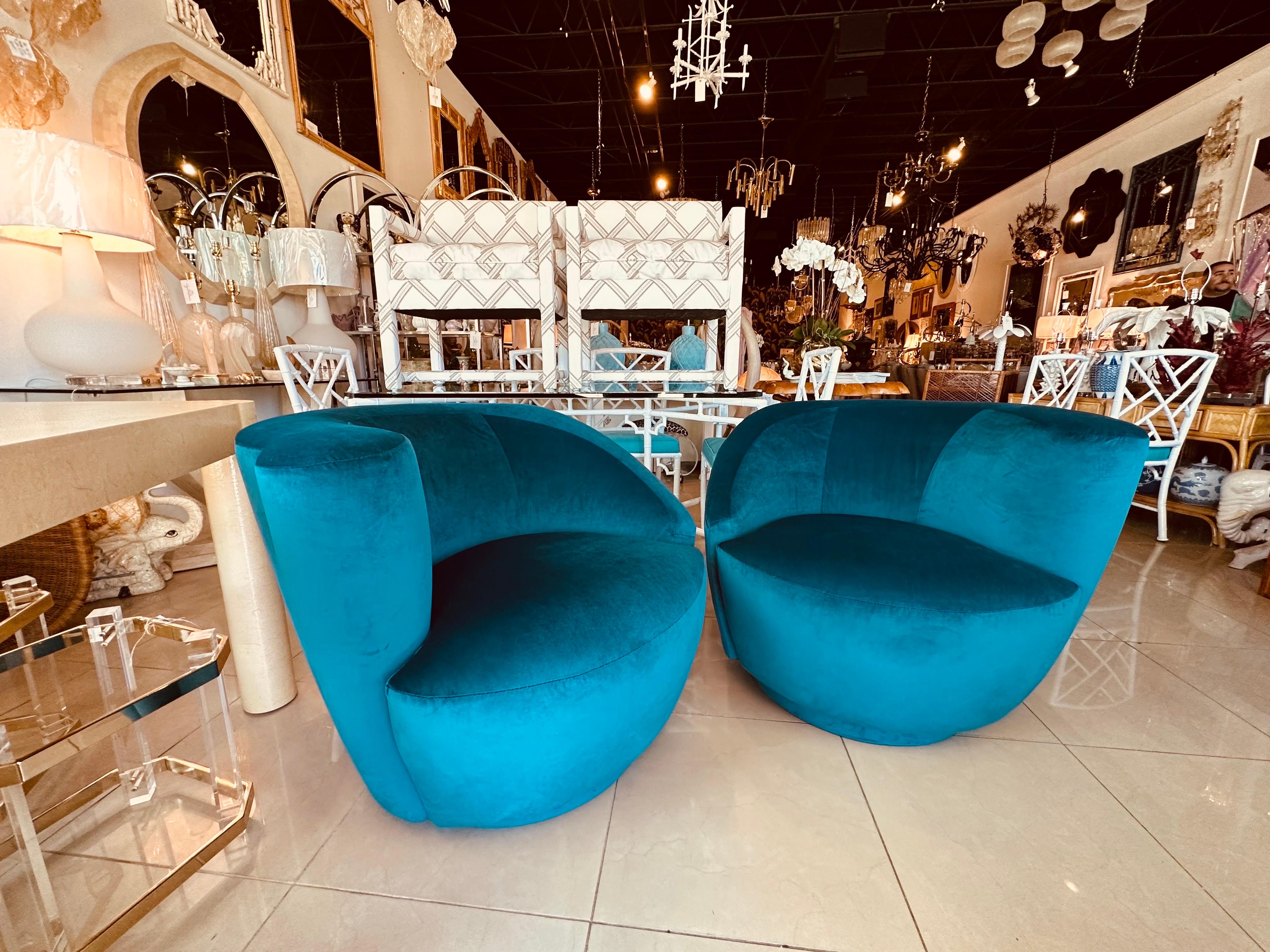 Vintage Pair Vladimir Kagan Nautilus Corkscrew Swivel Chairs New Blue Velvet In Good Condition In West Palm Beach, FL