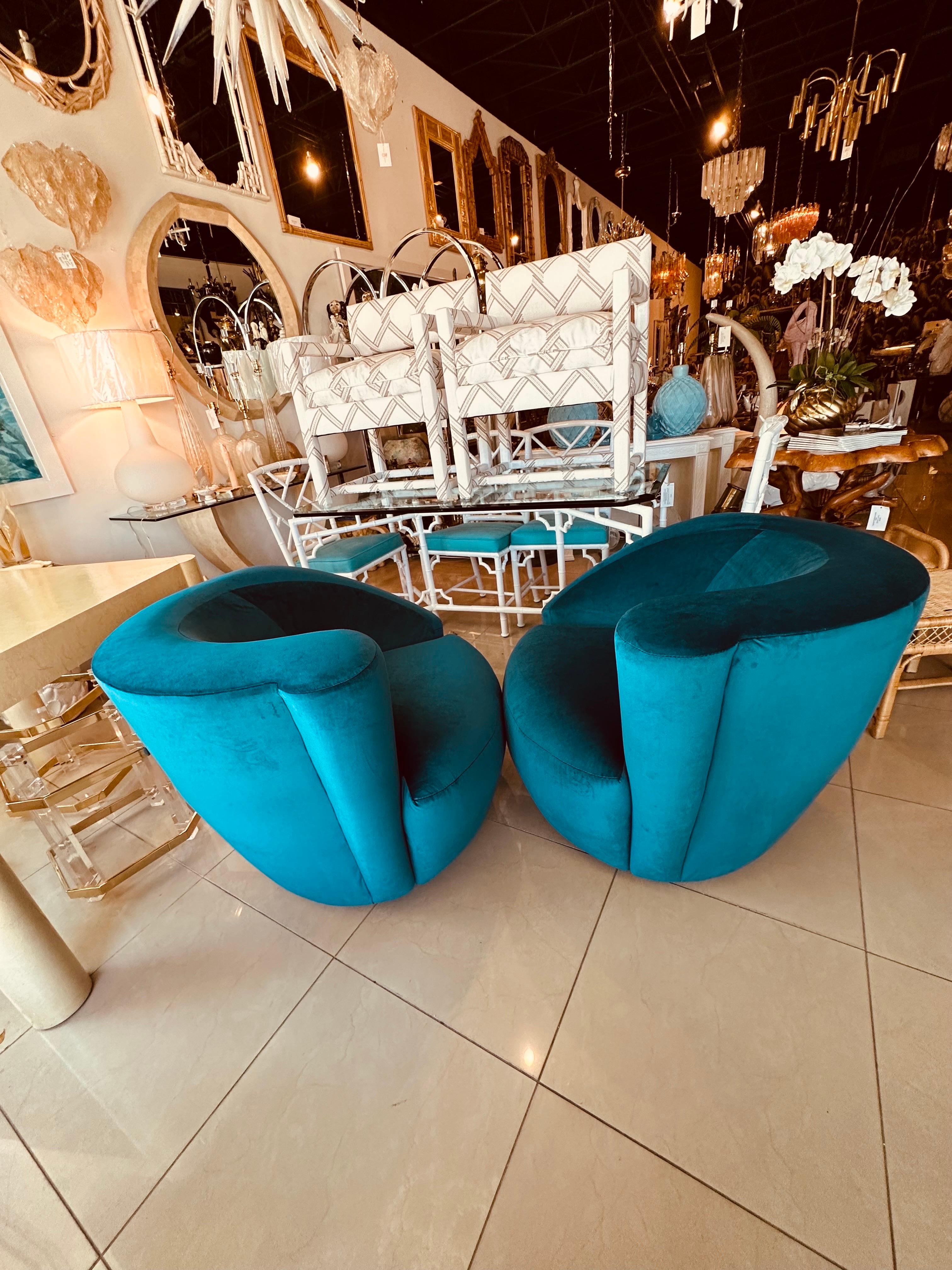 Vintage Pair Vladimir Kagan Nautilus Corkscrew Swivel Chairs New Blue Velvet 1