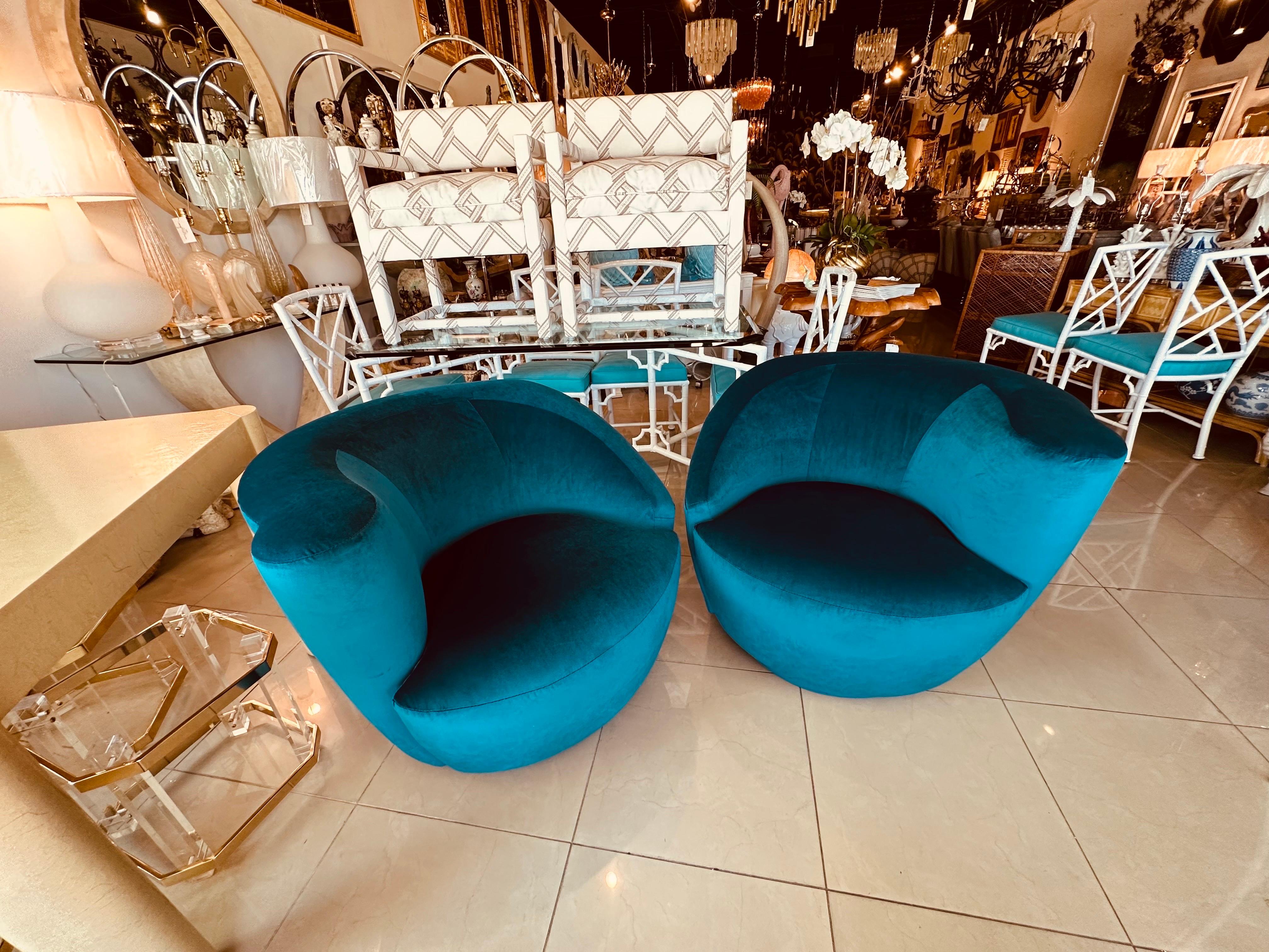 Vintage Pair Vladimir Kagan Nautilus Corkscrew Swivel Chairs New Blue Velvet 2