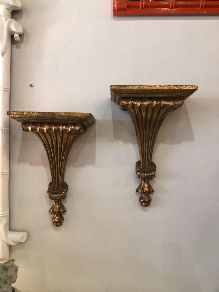 Vintage Pair of Wall Shelf Shelves Gold Gilt Sconces For Sale at 1stDibs