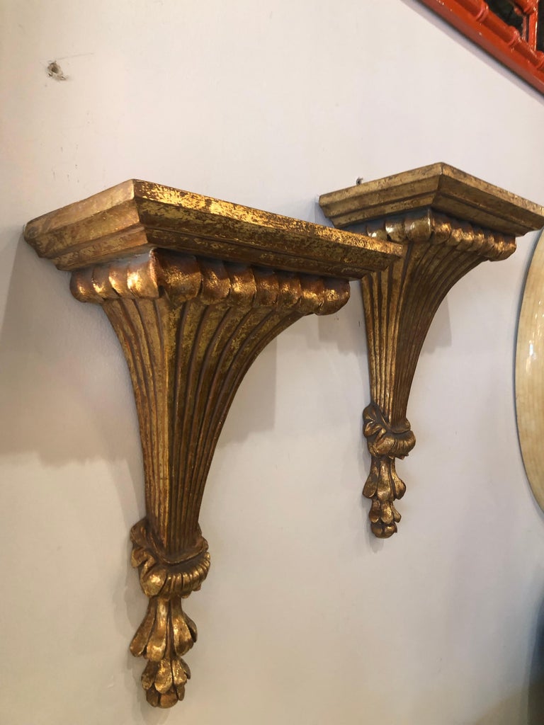 Vintage Pair of Wall Shelf Shelves Gold Gilt Sconces For Sale at