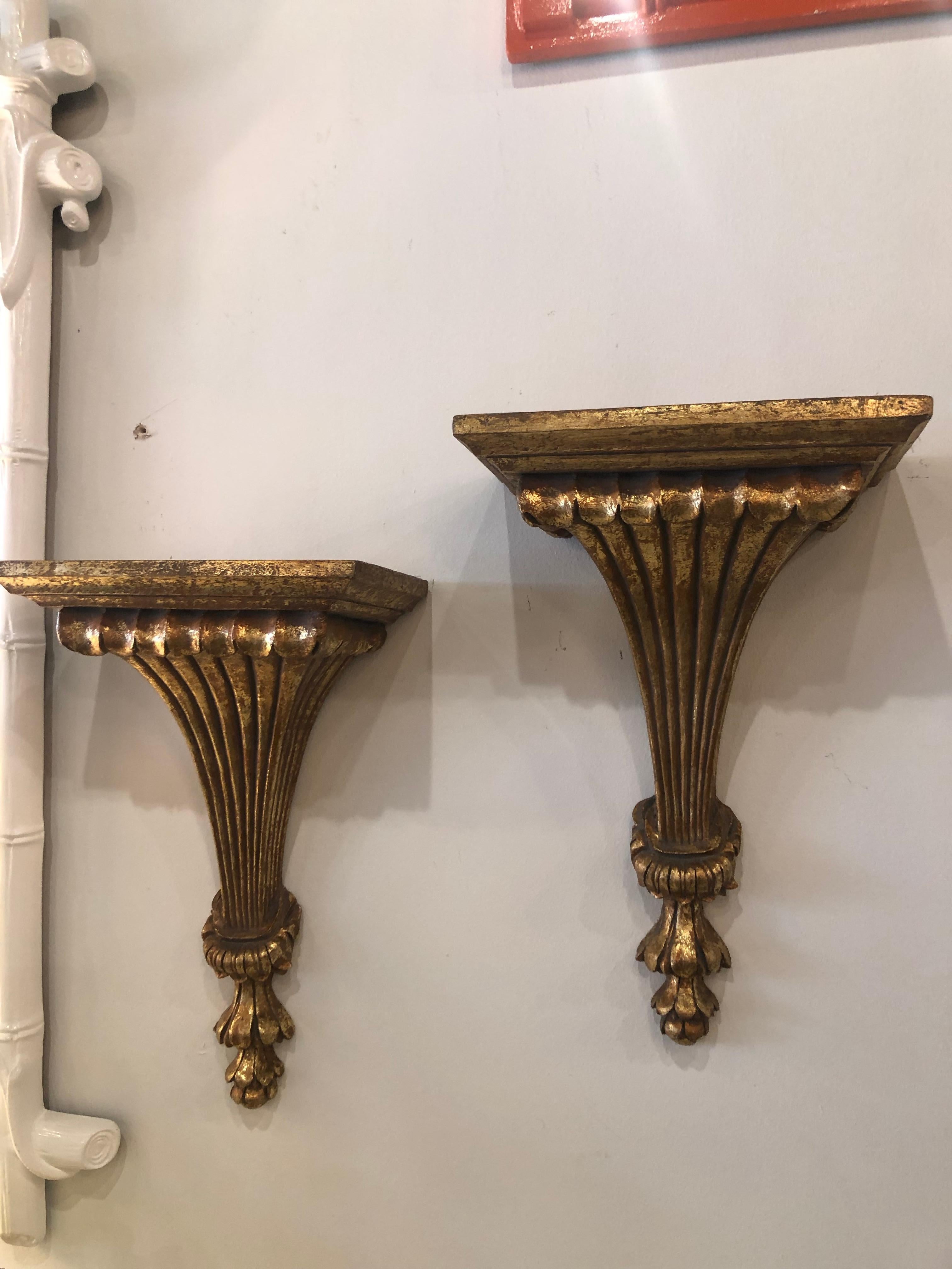 Late 20th Century Vintage Pair of Wall Shelf Shelves Gold Gilt Sconces