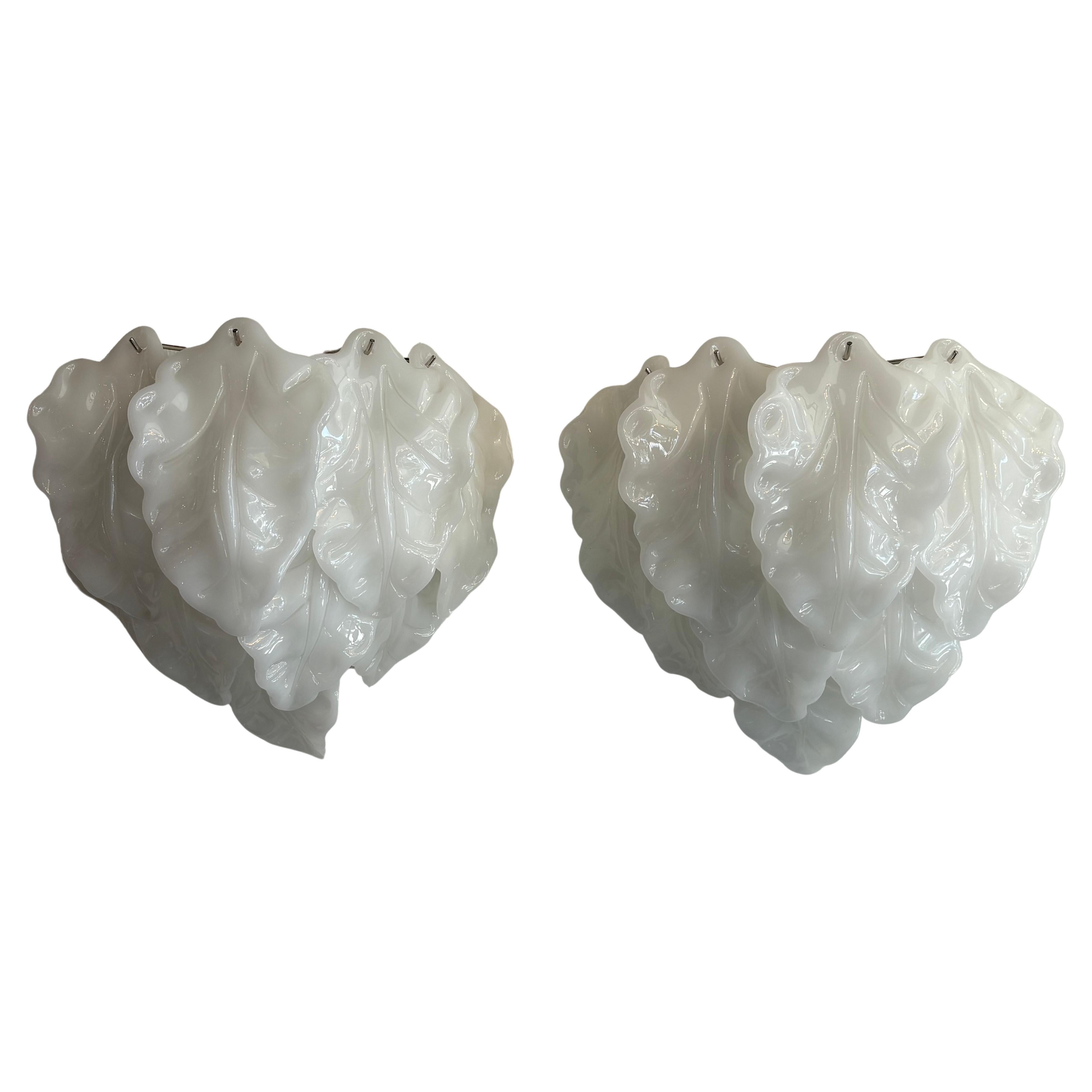 Vintage Pair White Murano Opaline Leaf Leaves Wall Light Sconces Newly Wired