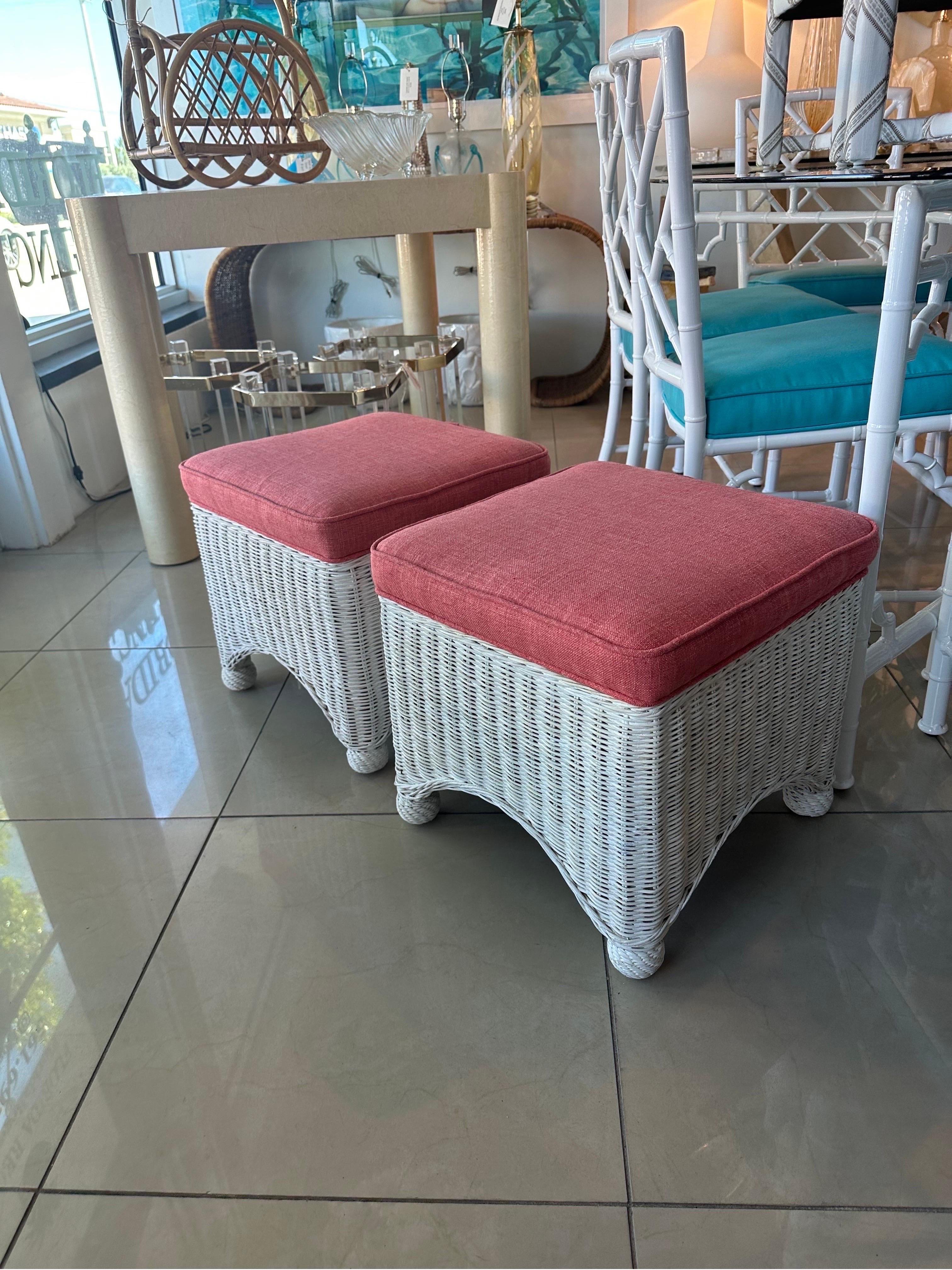 Vintage Pair White Wicker Stools Benches Ottomans New Coral Upholstery For Sale 2