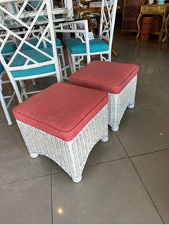 Vintage Pair White Wicker Stools Benches Ottomans New Coral Upholstery