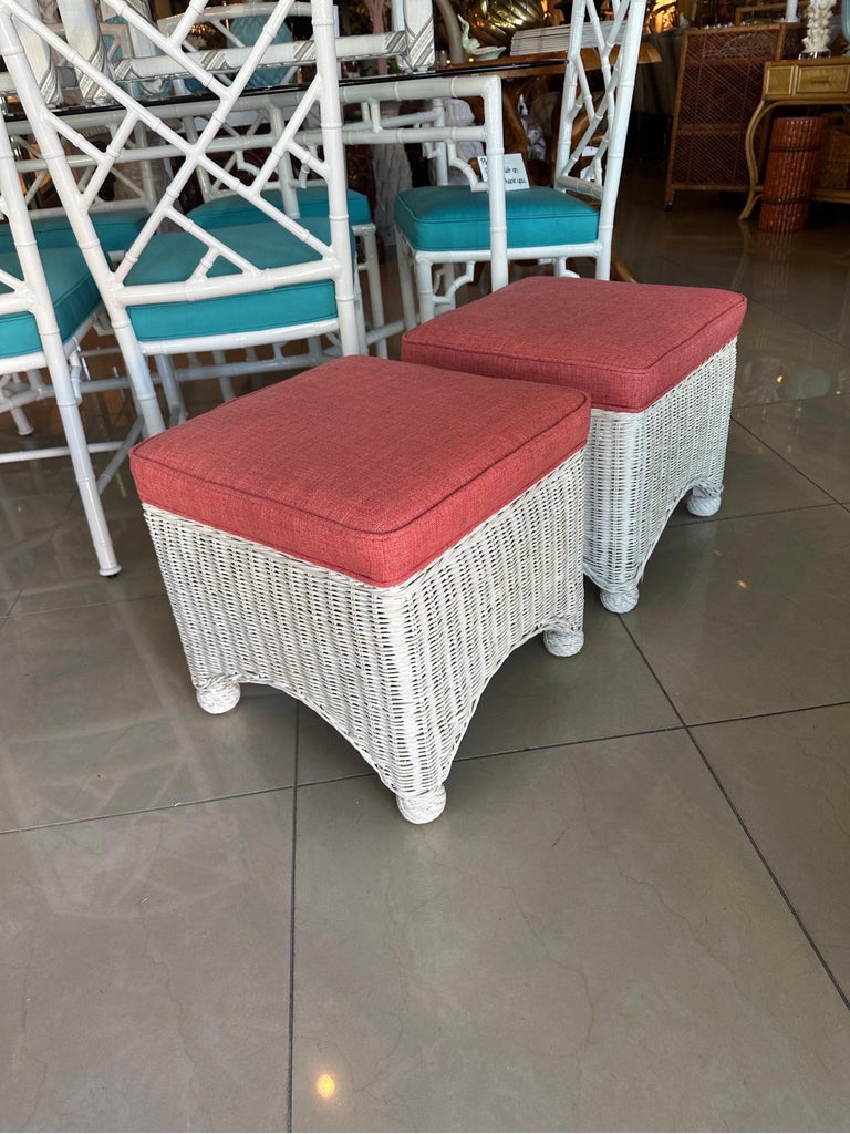 Vintage Pair White Wicker Stools Benches Ottomans New Coral Upholstery