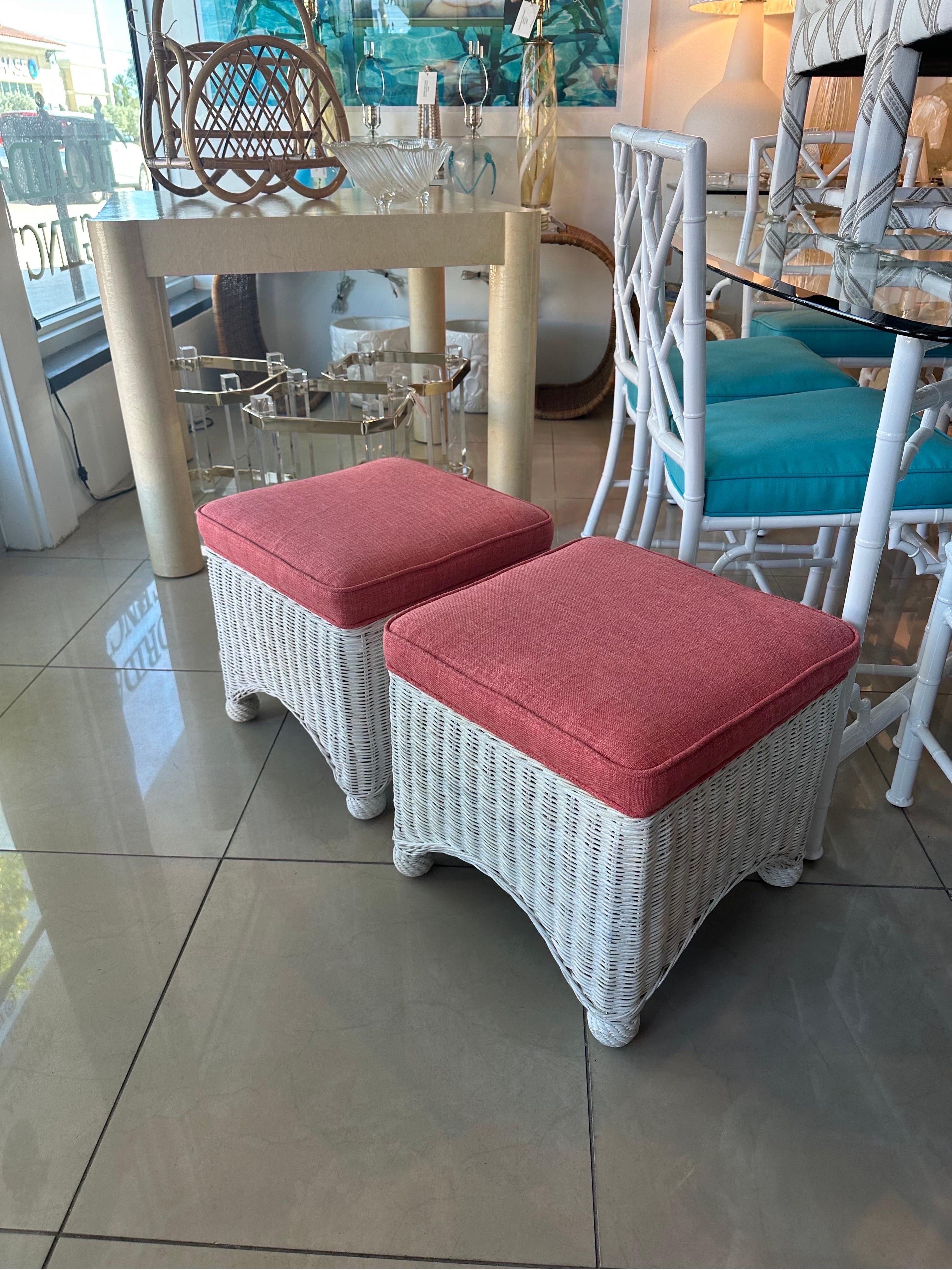 American Vintage Pair White Wicker Stools Benches Ottomans New Coral Upholstery For Sale