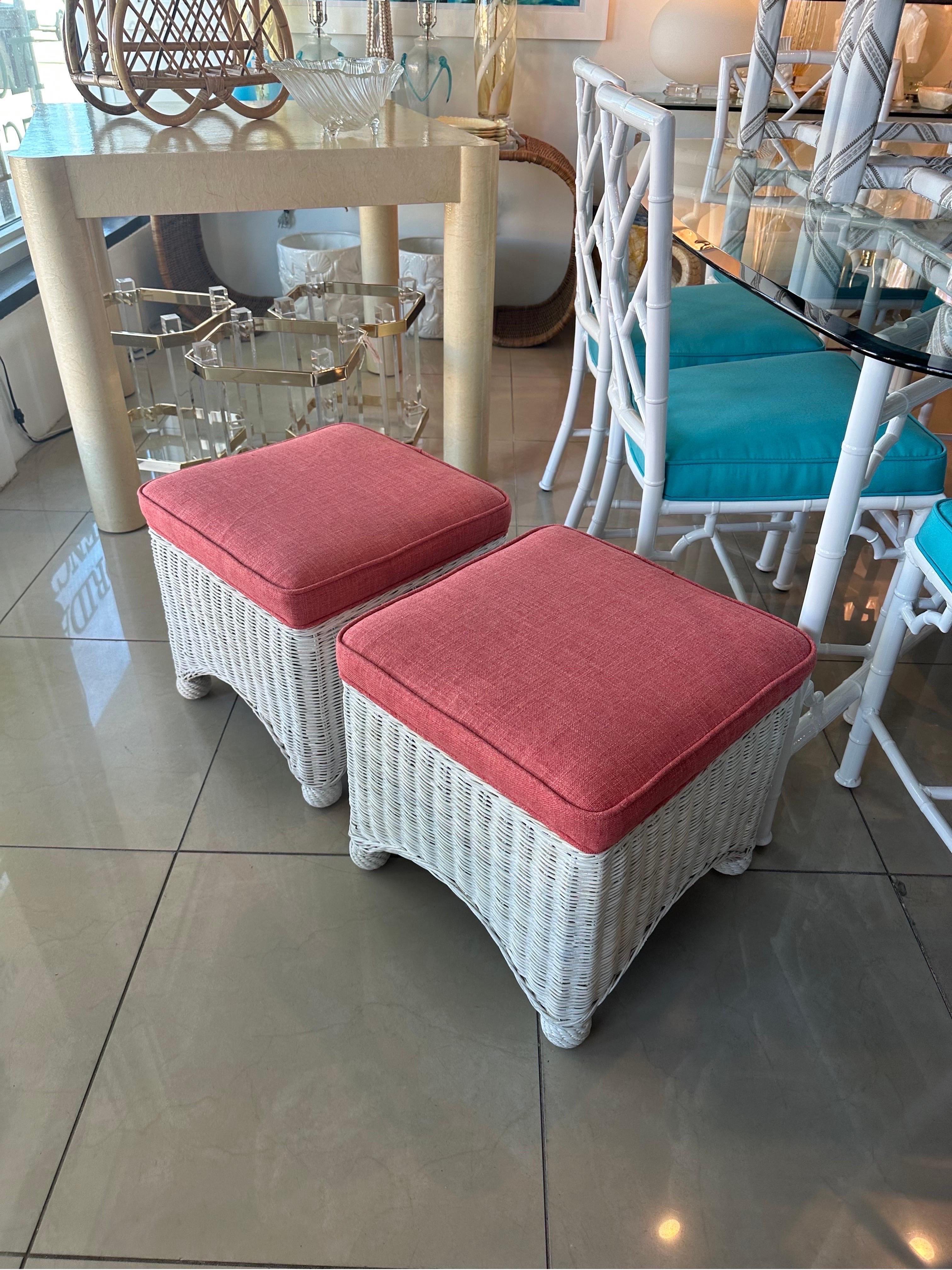 Late 20th Century Vintage Pair White Wicker Stools Benches Ottomans New Coral Upholstery For Sale