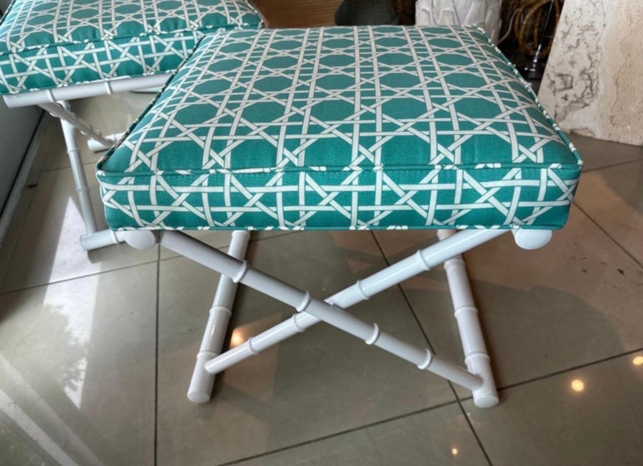 Vintage Pair X Benches Faux Bamboo Metal Patio Newly Upholstered & Powder-coated For Sale 3