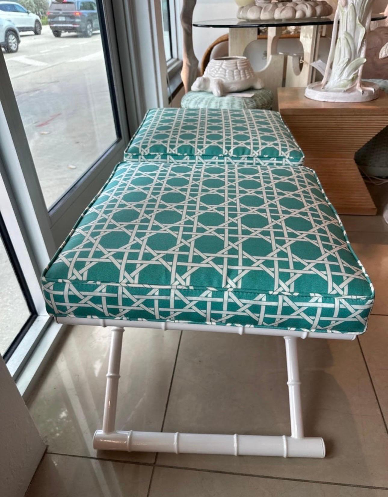 Vintage Pair X Benches Faux Bamboo Metal Patio Newly Upholstered & Powder-coated For Sale 4