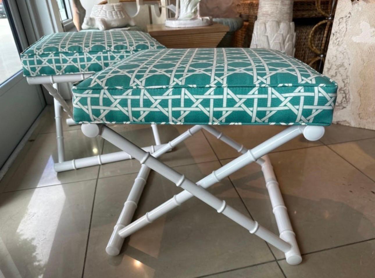 Vintage Pair X Benches Faux Bamboo Metal Patio Newly Upholstered & Powder-coated For Sale 5