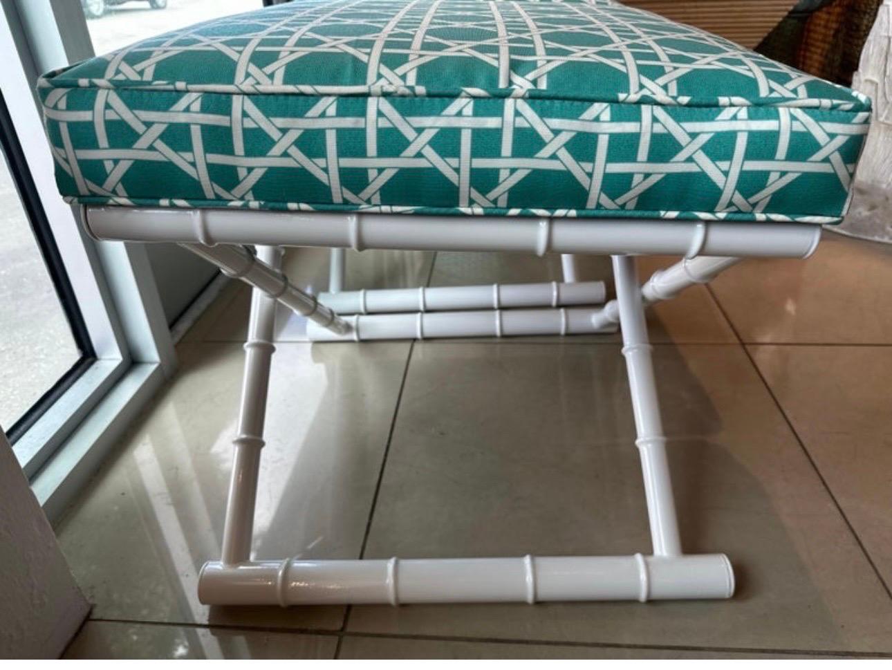 Vintage Pair X Benches Faux Bamboo Metal Patio Newly Upholstered & Powder-coated For Sale 6