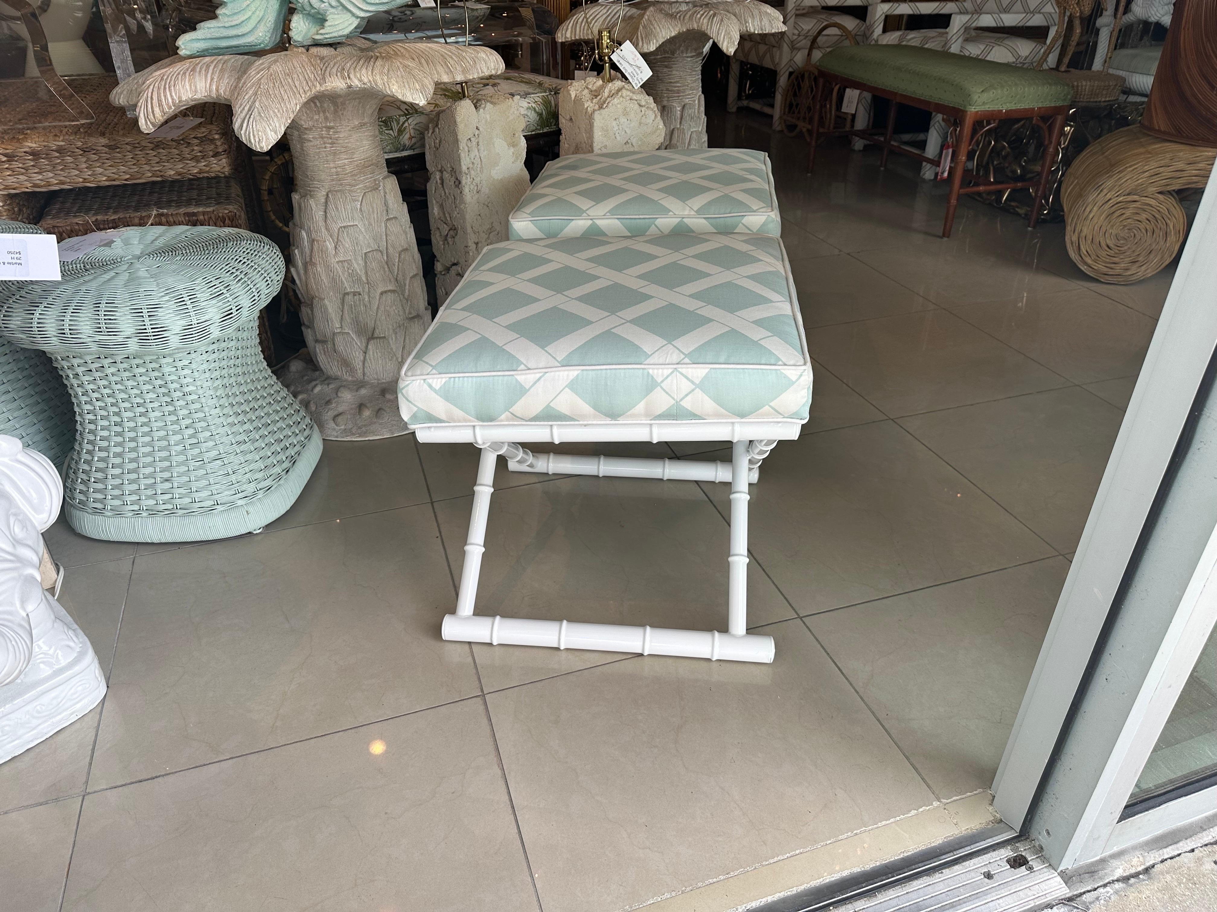 Beautiful pair of vintage 1970s metal, faux bamboo x benches, footstools, ottomans. These have been professionally powder-coated in white. All new upholstery, including insides. These can be used indoors, outdoors or patio. These have a 1