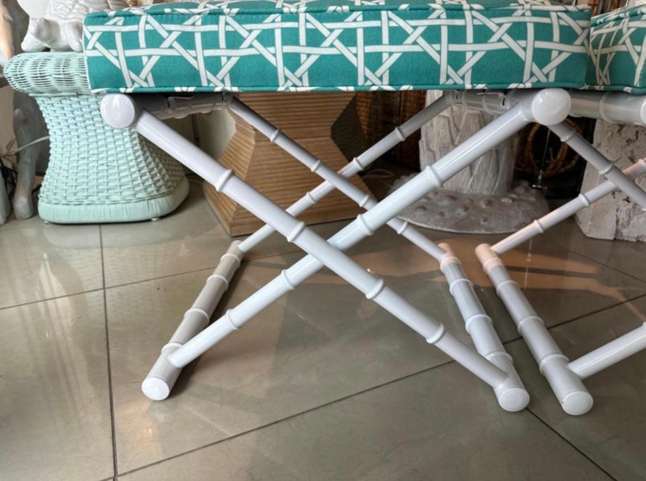Beautiful pair of vintage 1970s metal, faux bamboo x benches, footstools, ottomans. These have been professionally powder-coated in white. All new upholstery, including insides. These can be used indoors, outdoors or patio. These have a 1