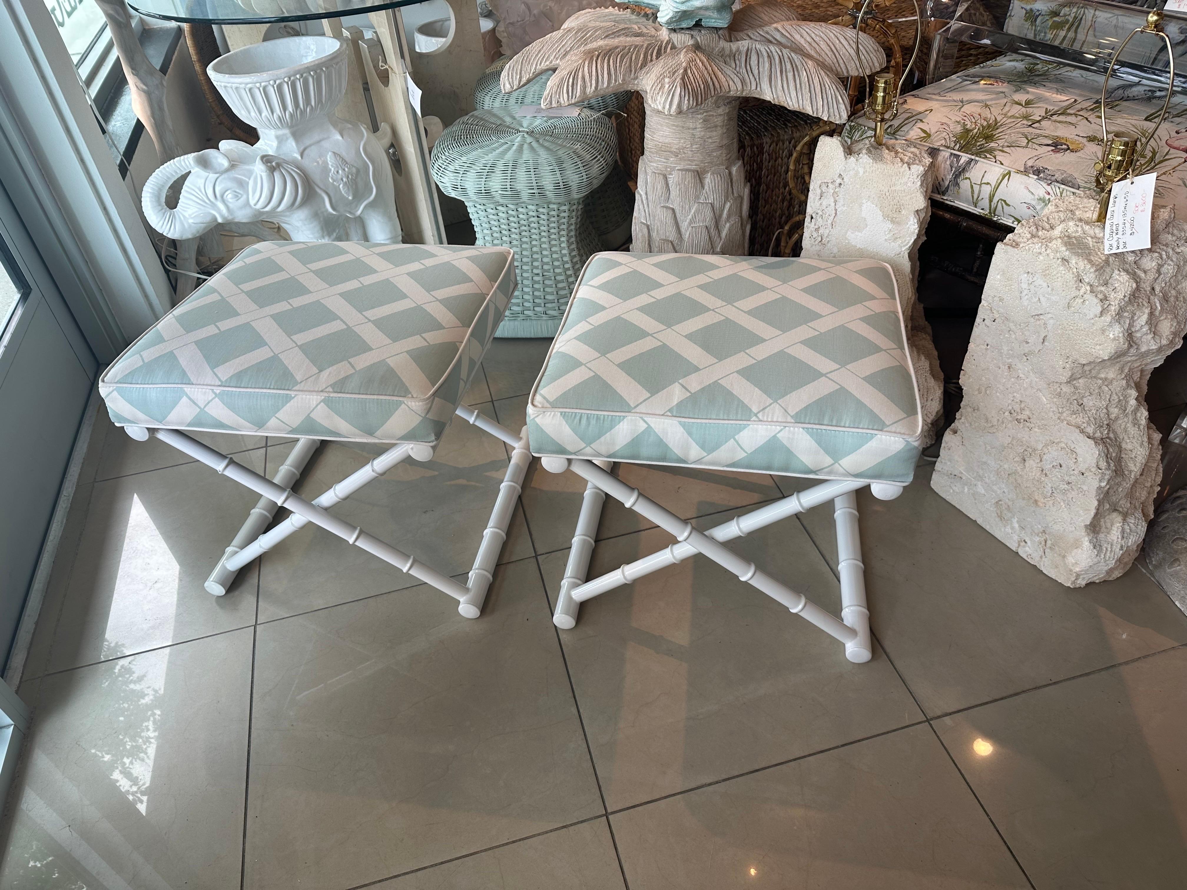 Hollywood Regency Vintage Pair X Benches Faux Bamboo Metal Patio Newly Upholstered & Powder-coated